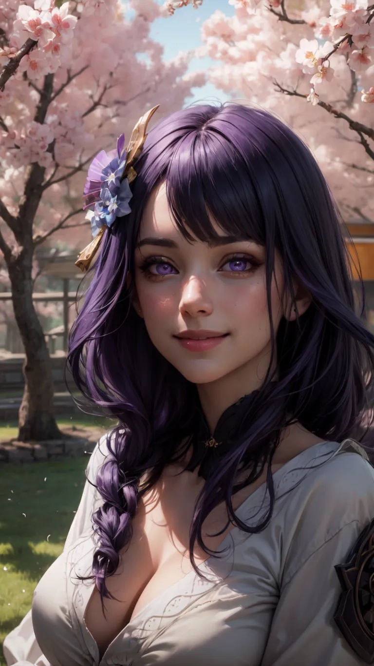 woman with purple hair and dark eyes poses in front of cherry blossoms and fence with bench and building in background is green grass with trees
