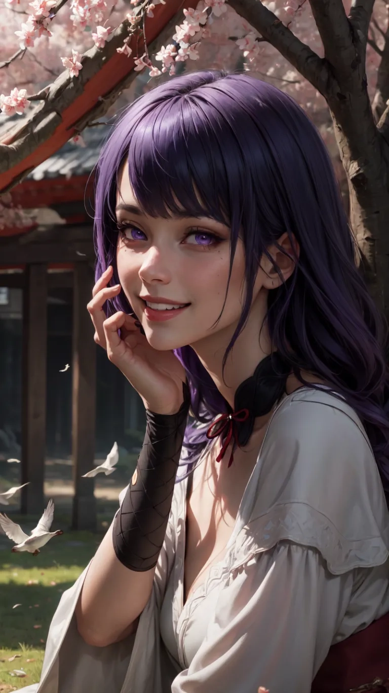 an asian girl has purple hair while talking on her cell phone outside by the tree in front of her house surrounded by flying birds and trees
