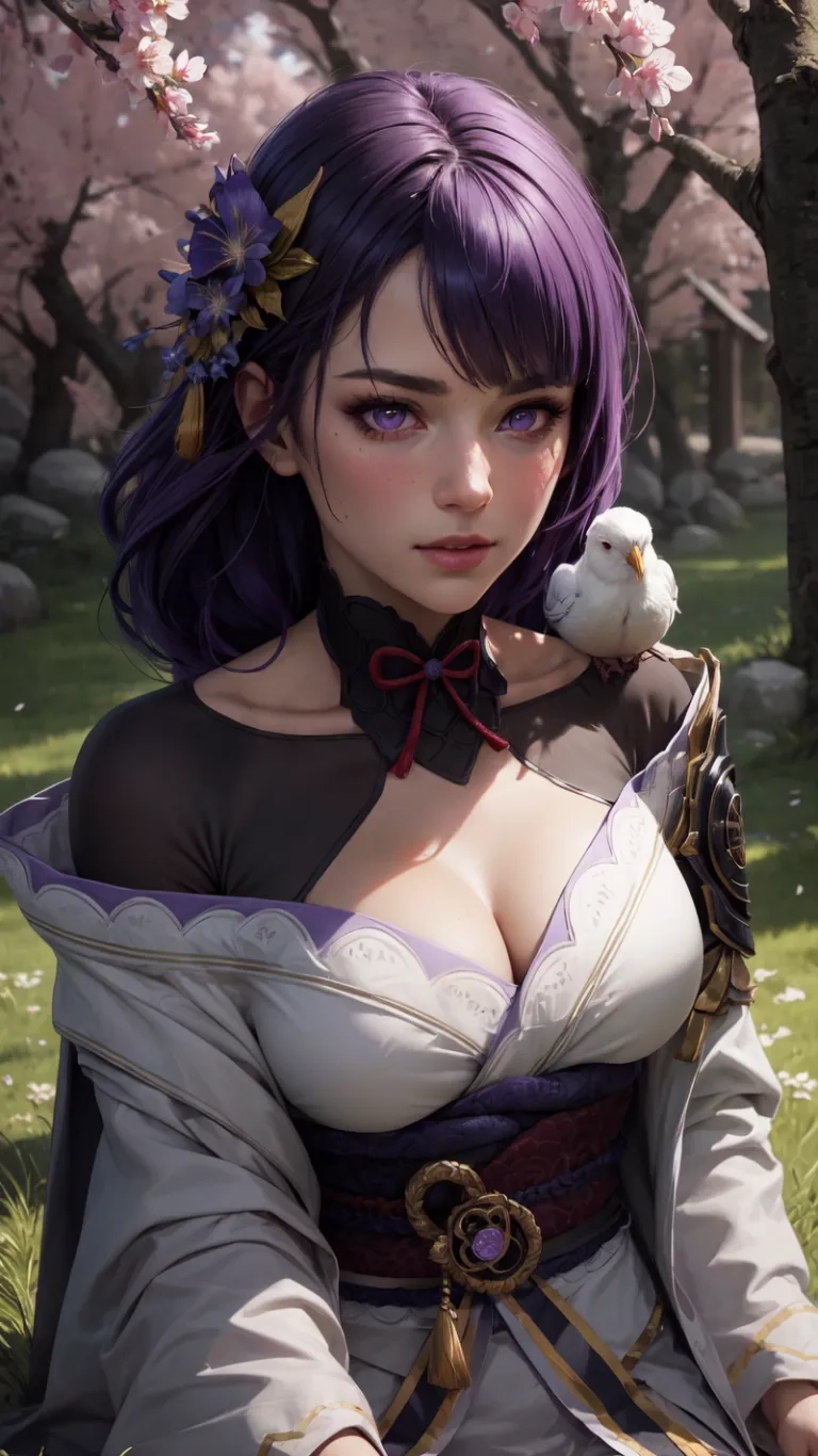 girl with purple hair and make - up sitting on curb in the park wearing a full body costume with an accessory on her neckline
