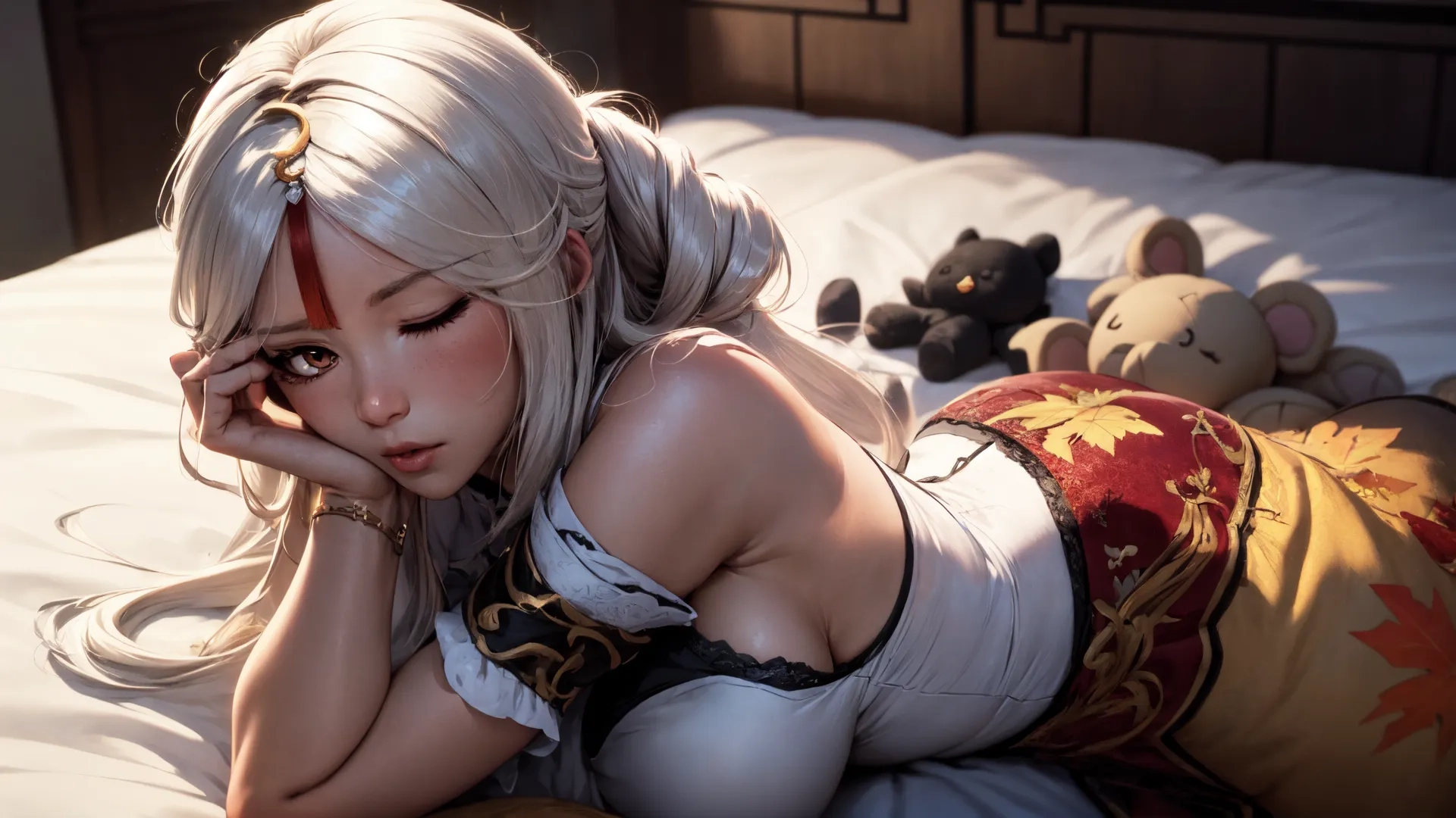 a girl laying on her back on a bed with stuffed animals around her head and a teddy bear next to her in bed area of bed on her and background
