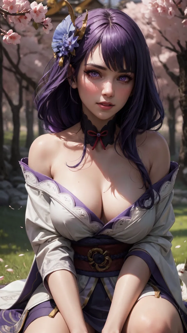 girl covered in lila colored hair sitting on a bench near trees of flowery bushry and blossoms with her bare chest and big breast breasts