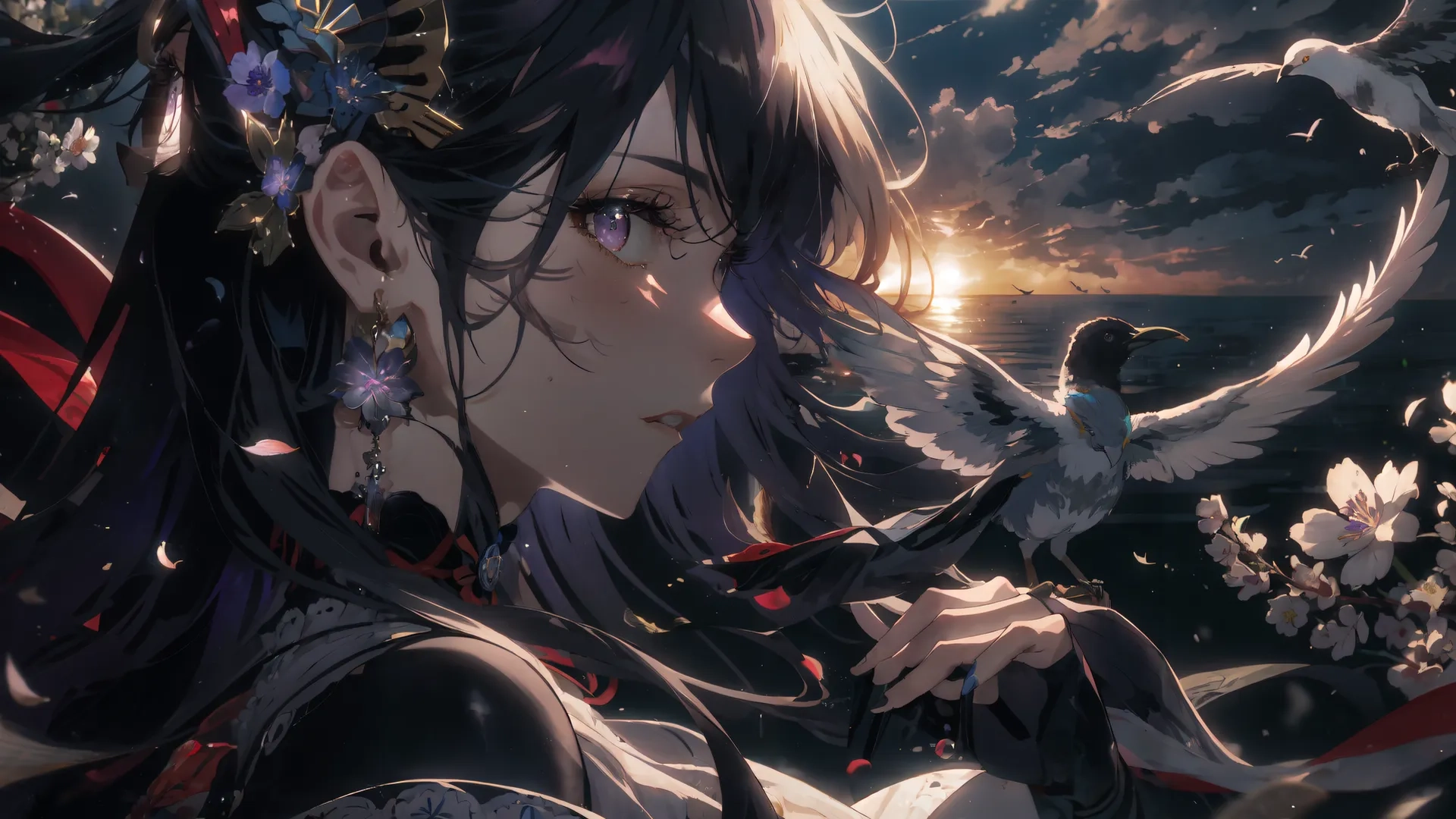 a bird flying by a woman and holding flowers and holding something up with a girl near the water behind her to them and looking at the sky

