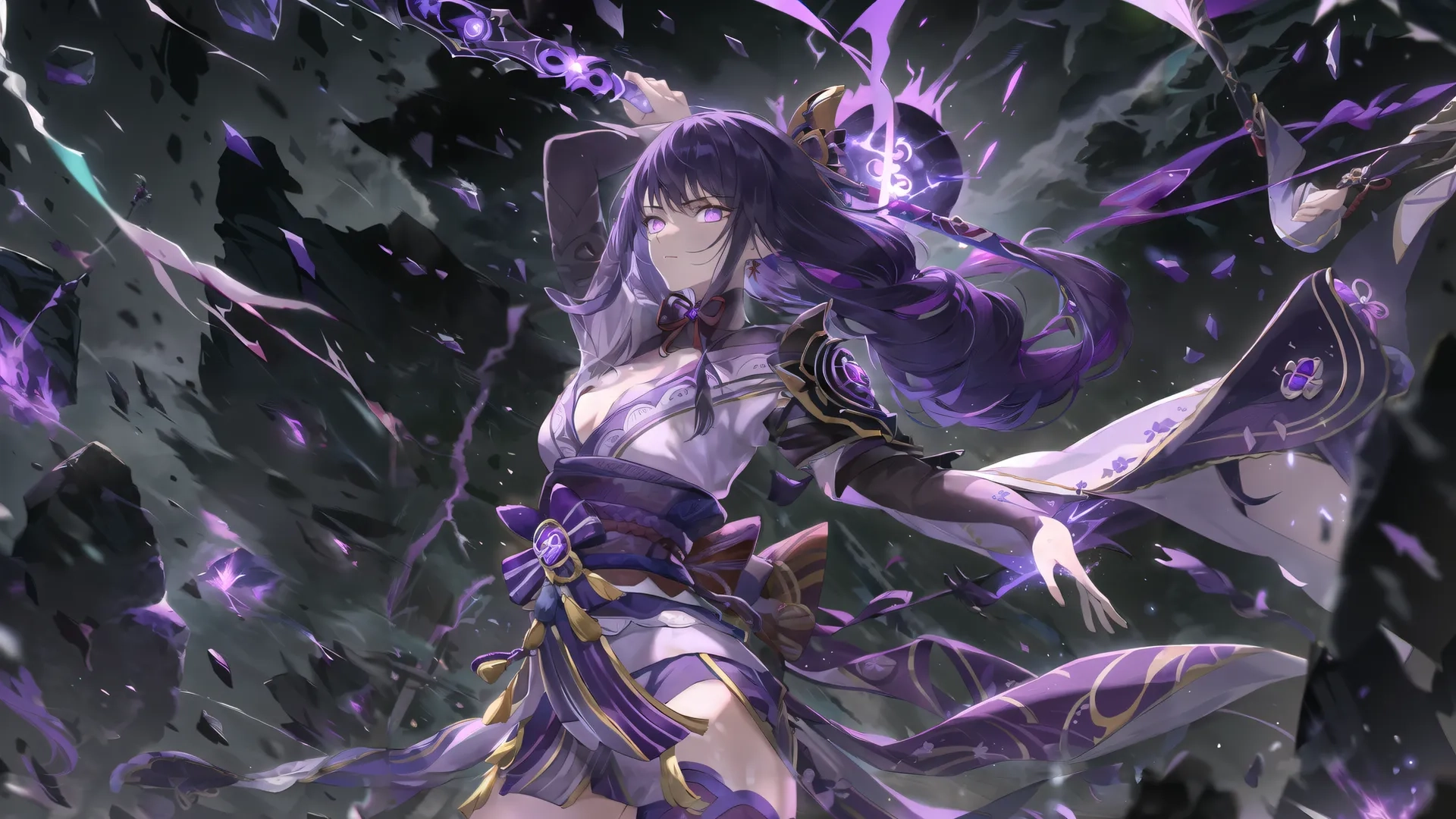 a girl in white dress holding a sword and wearing a feathered headpiece has purple hair and is surrounded by abstract black - colored decorations