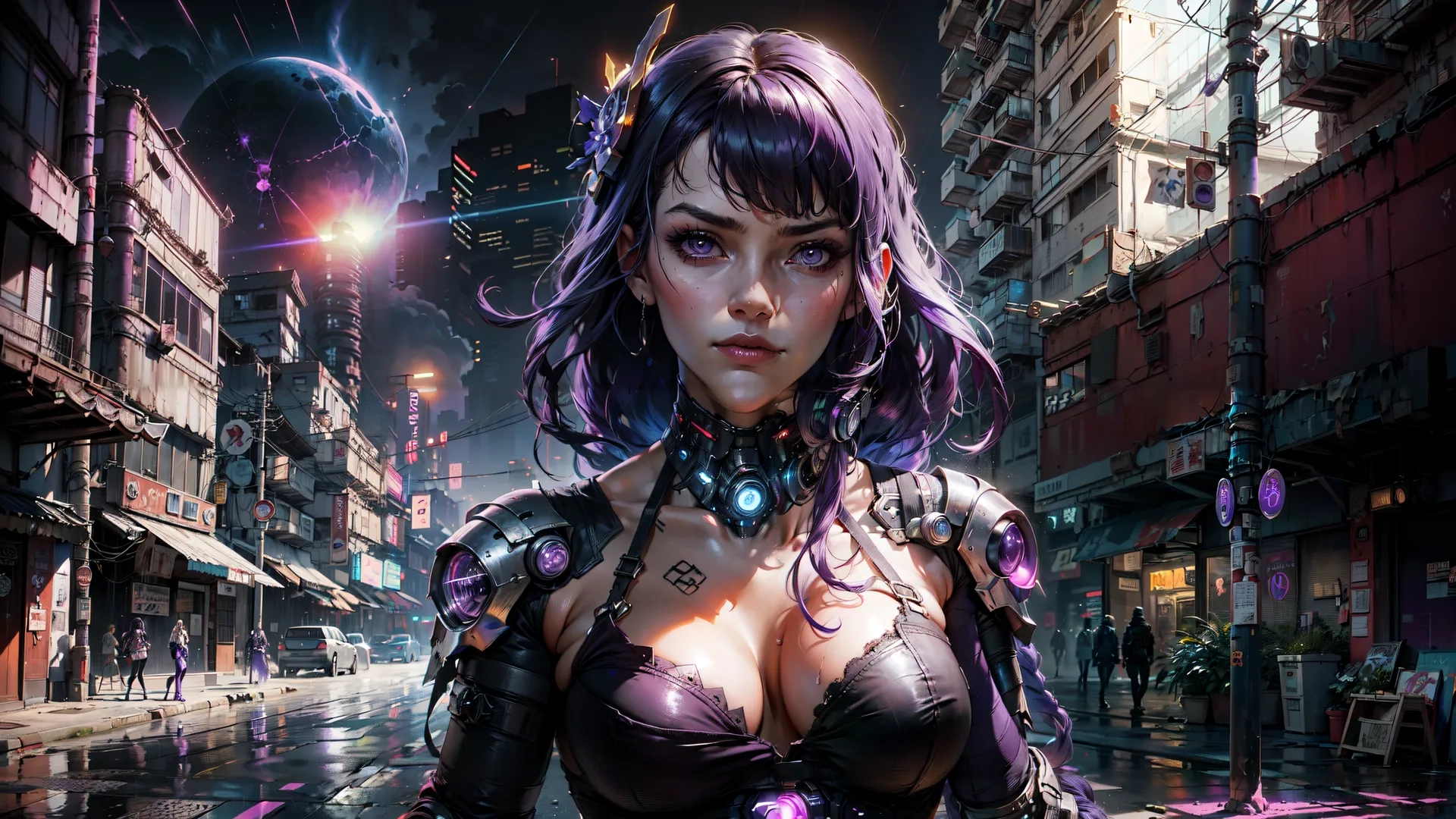 a girl with pink hair standing in the street looking at the camera wearing an unmade cyber - aged outfit and bracelets looking directly into the distance