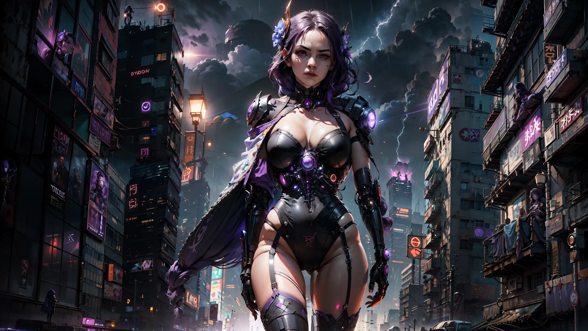 there is a beautiful anime character by the city buildings, the light is pouring down on her and the lights are not in order yet