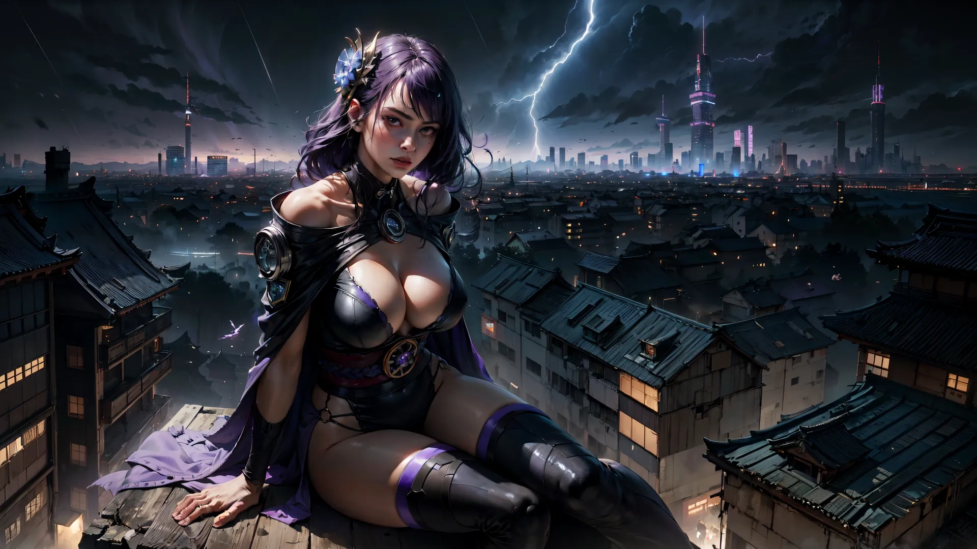 a women with dark hair sitting on top of a building looking at her breasts in a purple dress and purple stockings and gloves with city lights
