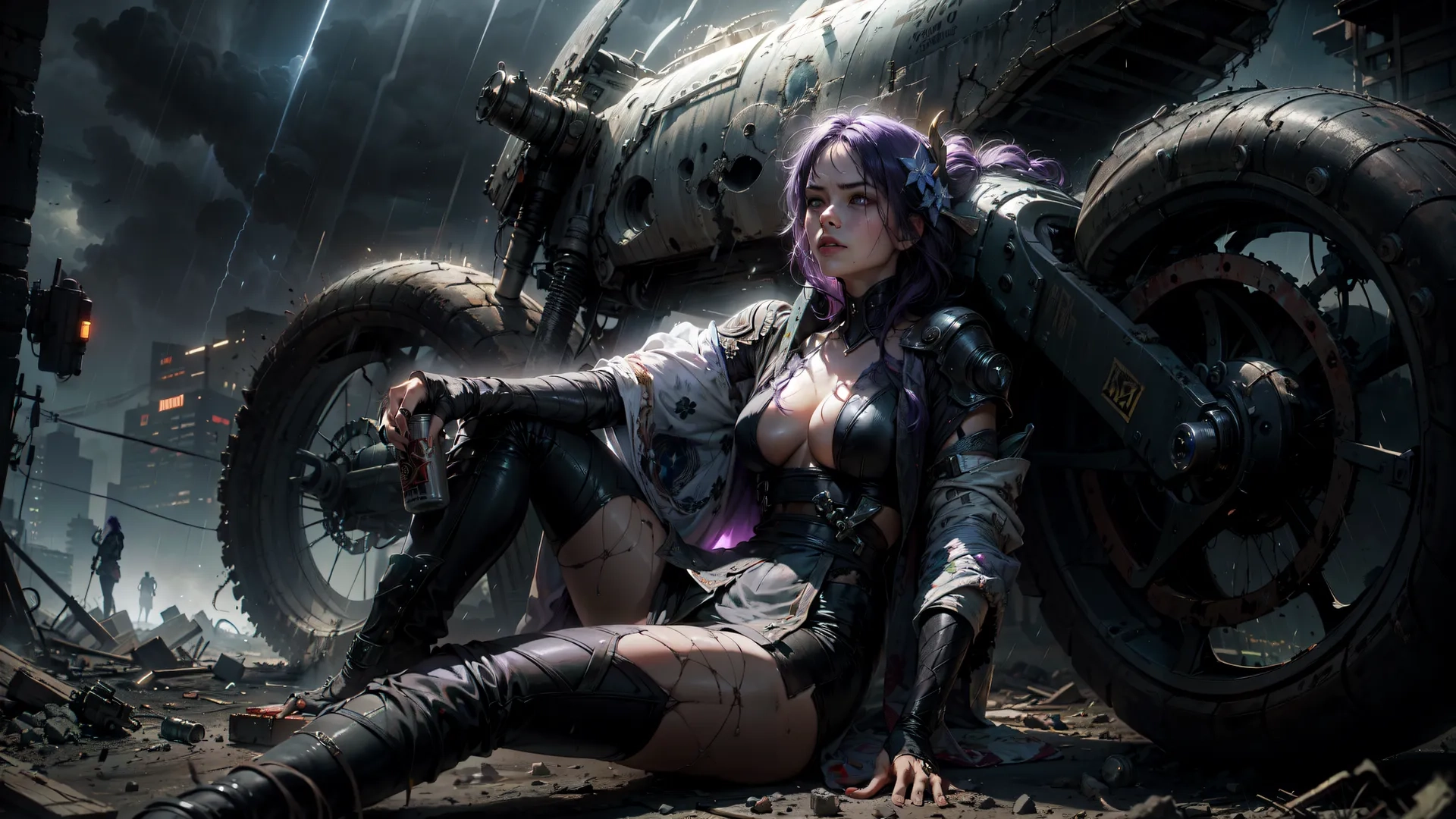 a cyber fantasy girl in high boots and leather, sits near a motorcycle on a dirt road in the rain with another biker approaching by