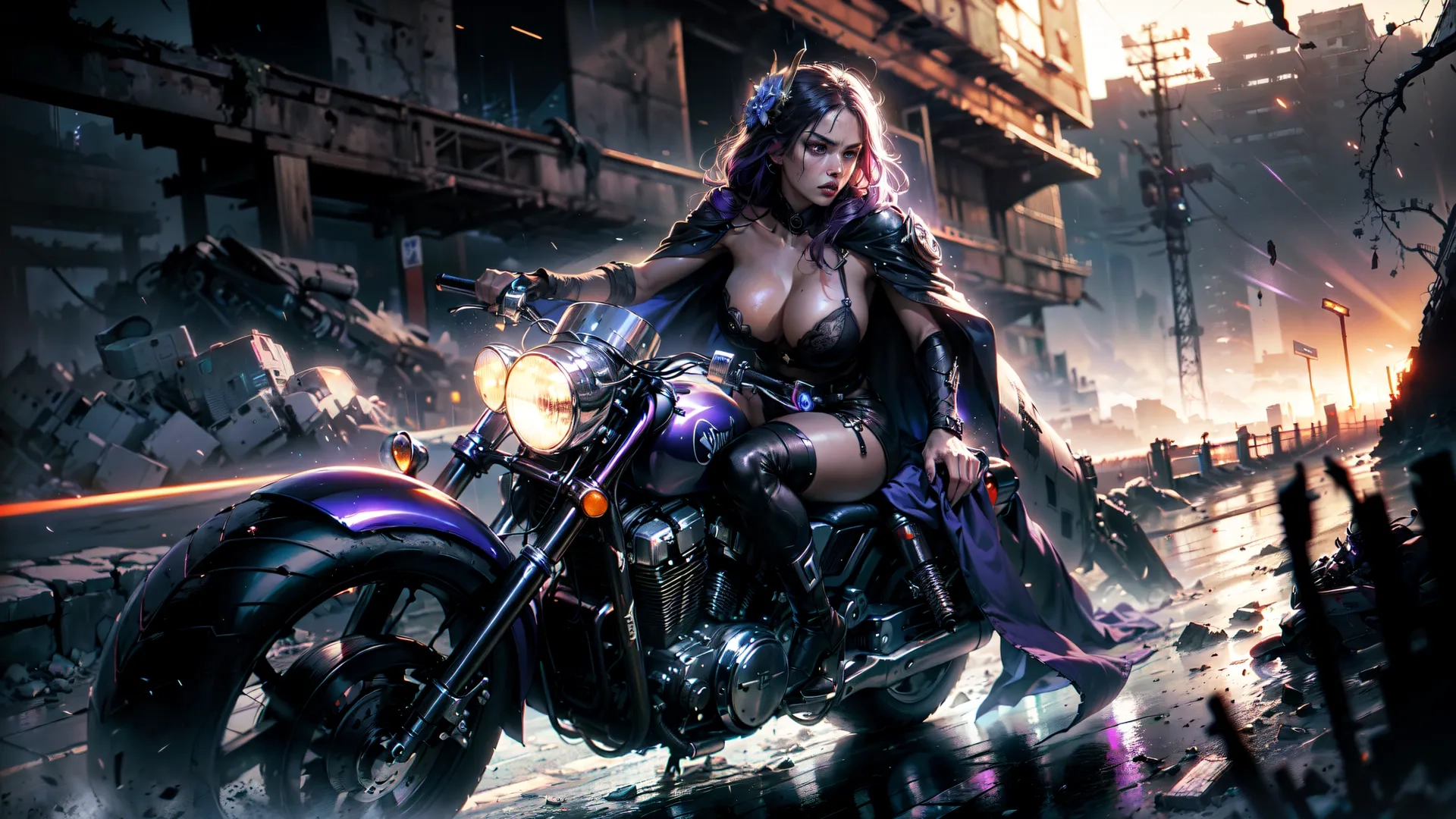a woman riding on the back of a motorcycle in cyber outfit riding up the street with destruction surrounding her arms and legs on the pavement