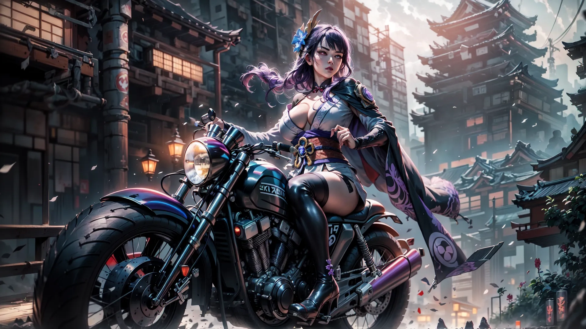 some type of girl that is riding a motorcycle outside a building a lot a lot of people are in the background playing with them and it