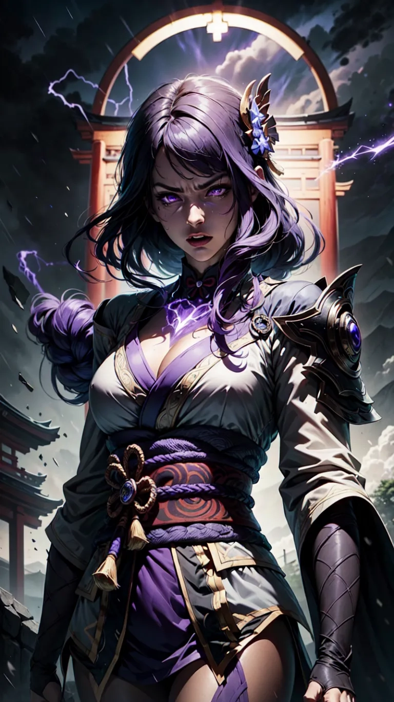 a woman that is standing with a sword in her hand she has storming hair and is dressed in purple clothes in front of her