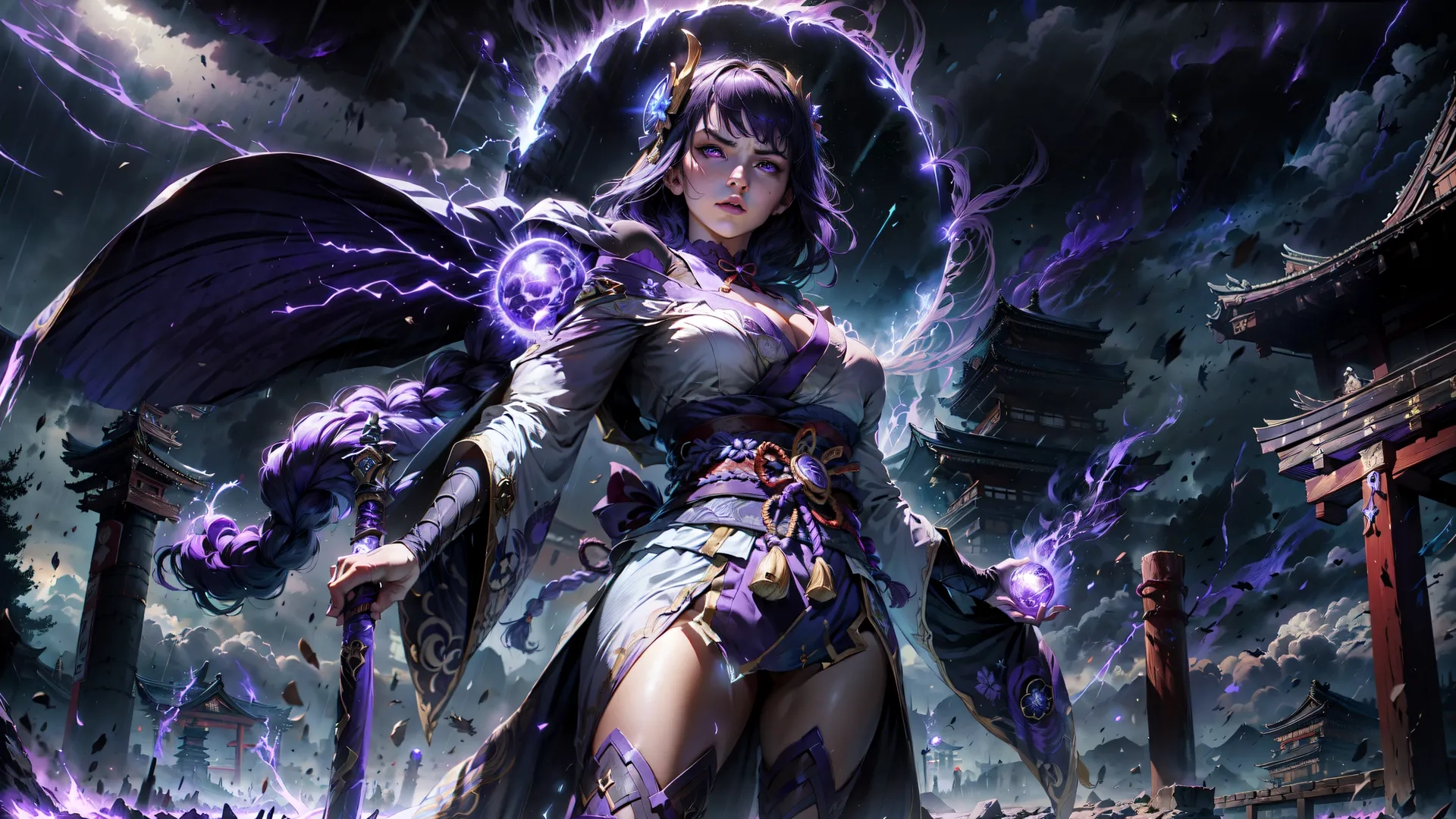 a woman in white is on a bridge and lightnings in front of her chest are flying through the air above her are purple skies