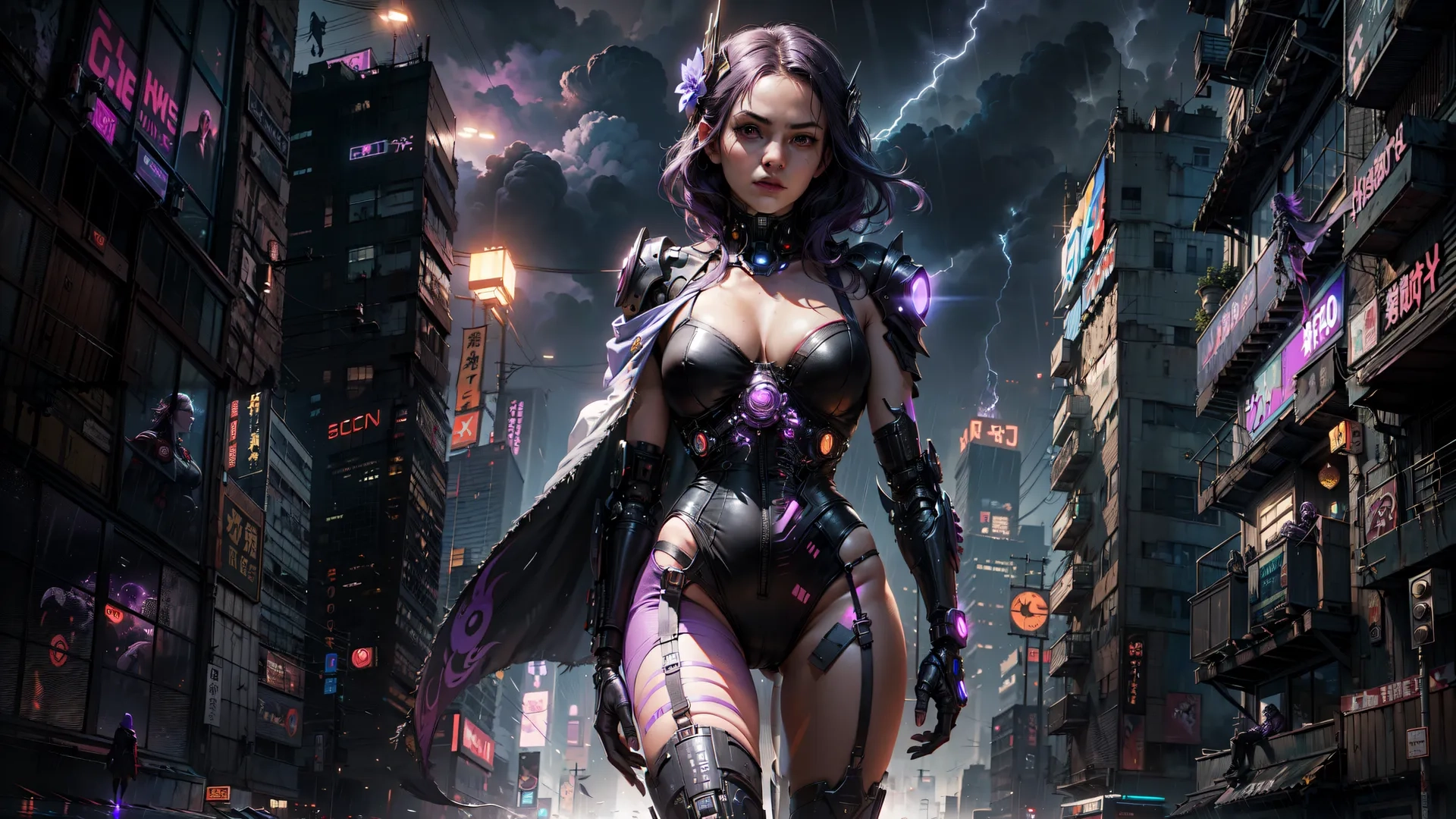 the woman has purple hair and is dressed in black and silver clothing, along with multiple large cyber figures walking on a street, including some