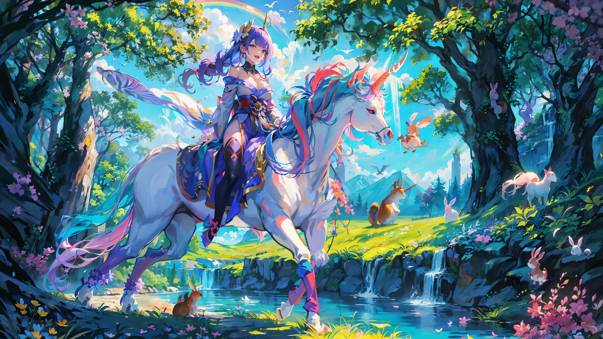 a painting of a fantasy lady riding on a horse, next to some water and trees next to some plants that have been sprayed with air