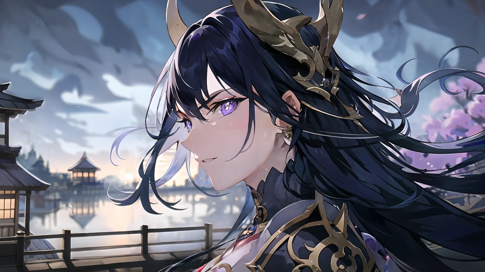 a beautiful asian girl dressed in armor next to a lake with cherry blossoms surrounding her and sky lanterns above them, above her headbanding
