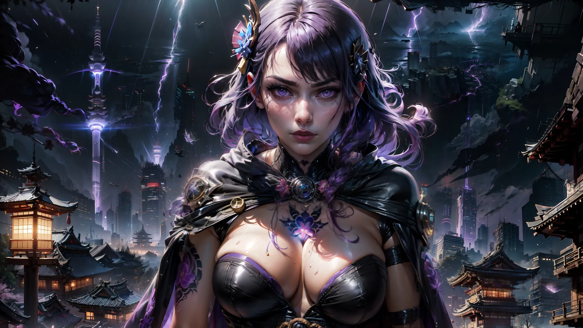 a close up of a person in costume near lightning strikes with capes or armor and purple hair in front of buildings in a city