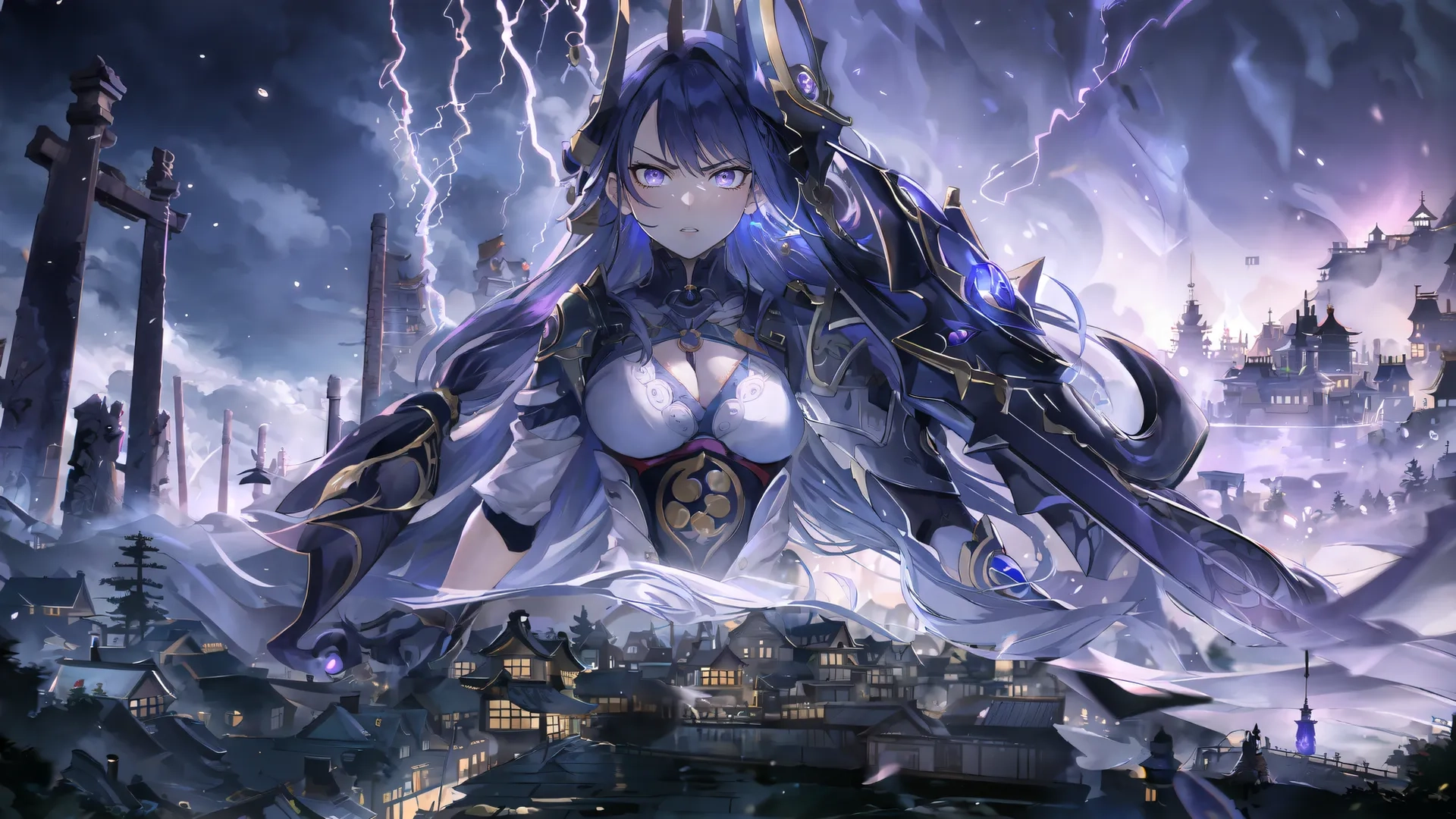 the image shows lightning over a city and a girl with blue hair wearing dark clothing and huge wings is flying at her waist, overlooking a mountain