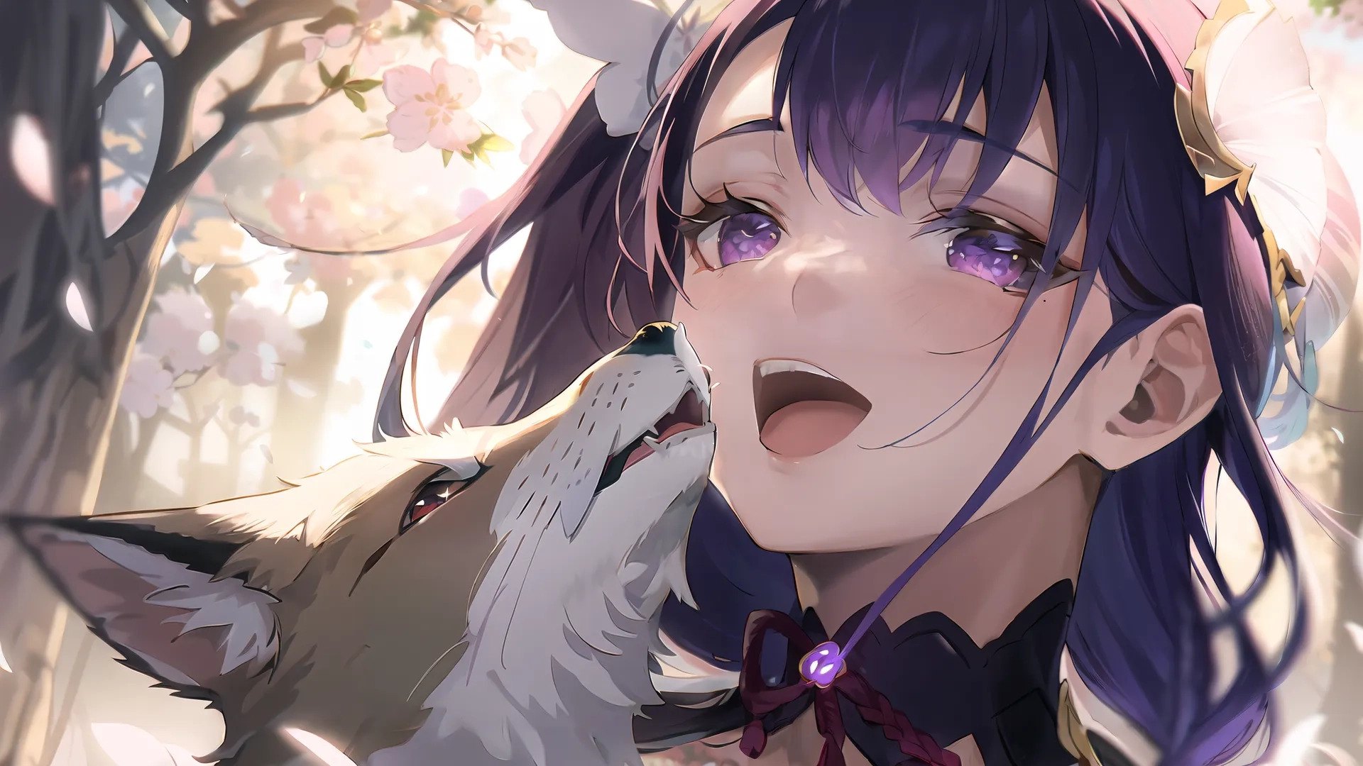 an anime character that is about to get her face up to a cat with flowers in her hair and blue eyes, next to it's a tree
