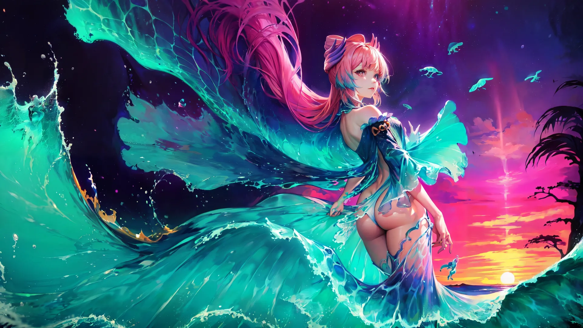 a digital painting shows a mermaid in the water with pink hair, blue lights and birds above it sitting on rocks in front of the ocean