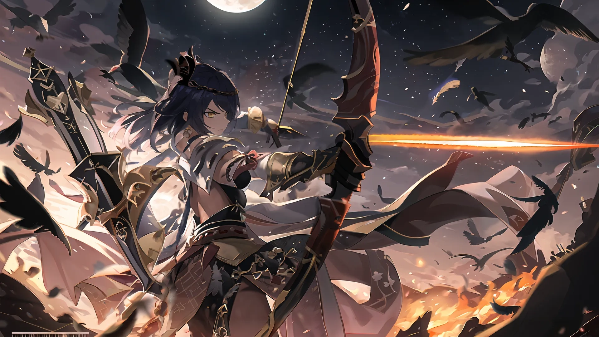 anime girl with bow standing next to birds in the air in front of her back to the camera at night with her and a full moon in the background
