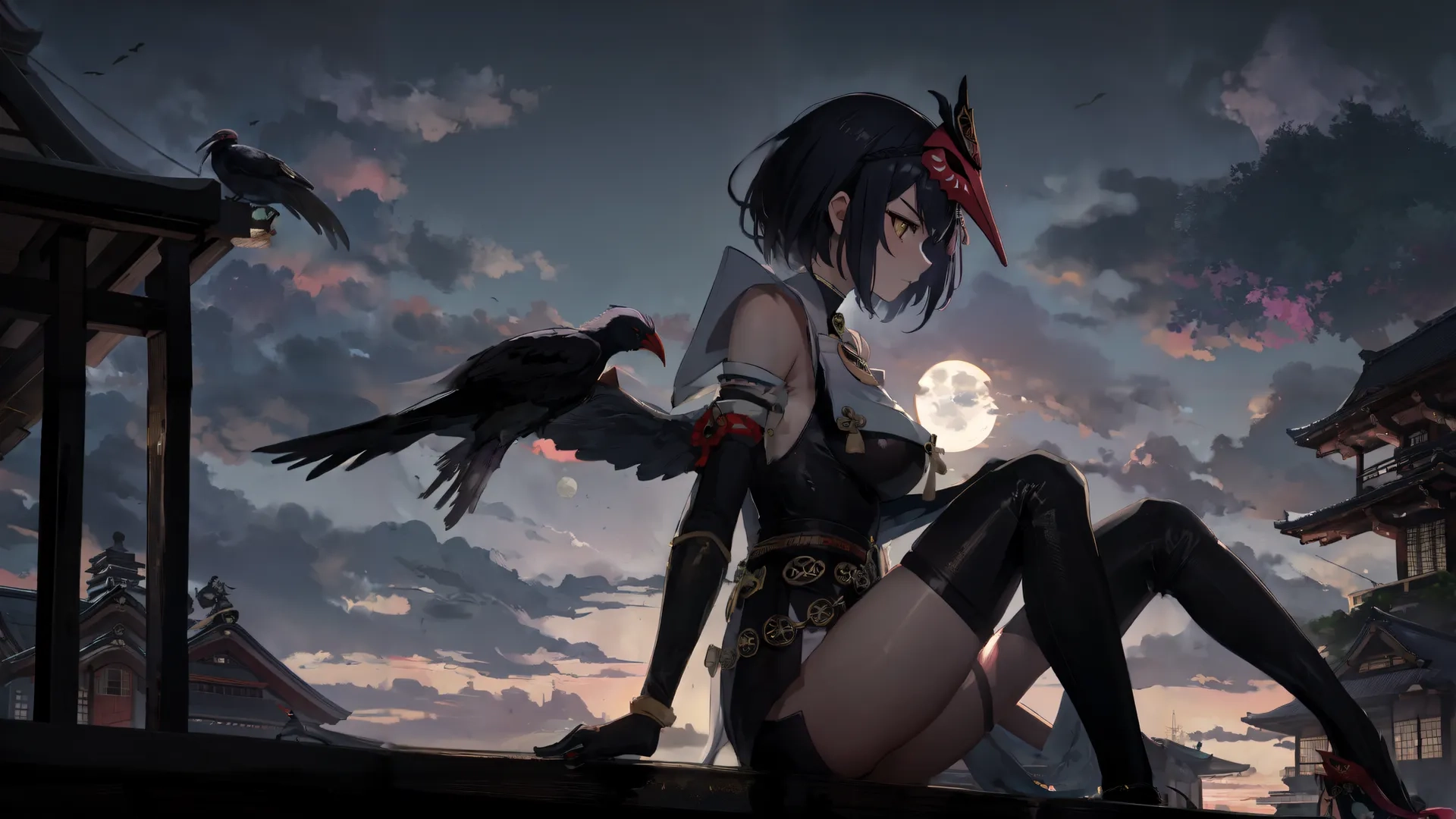 an anime female sitting on top of a boat next to crows around her feet under a night sky with moon behind her and two birds