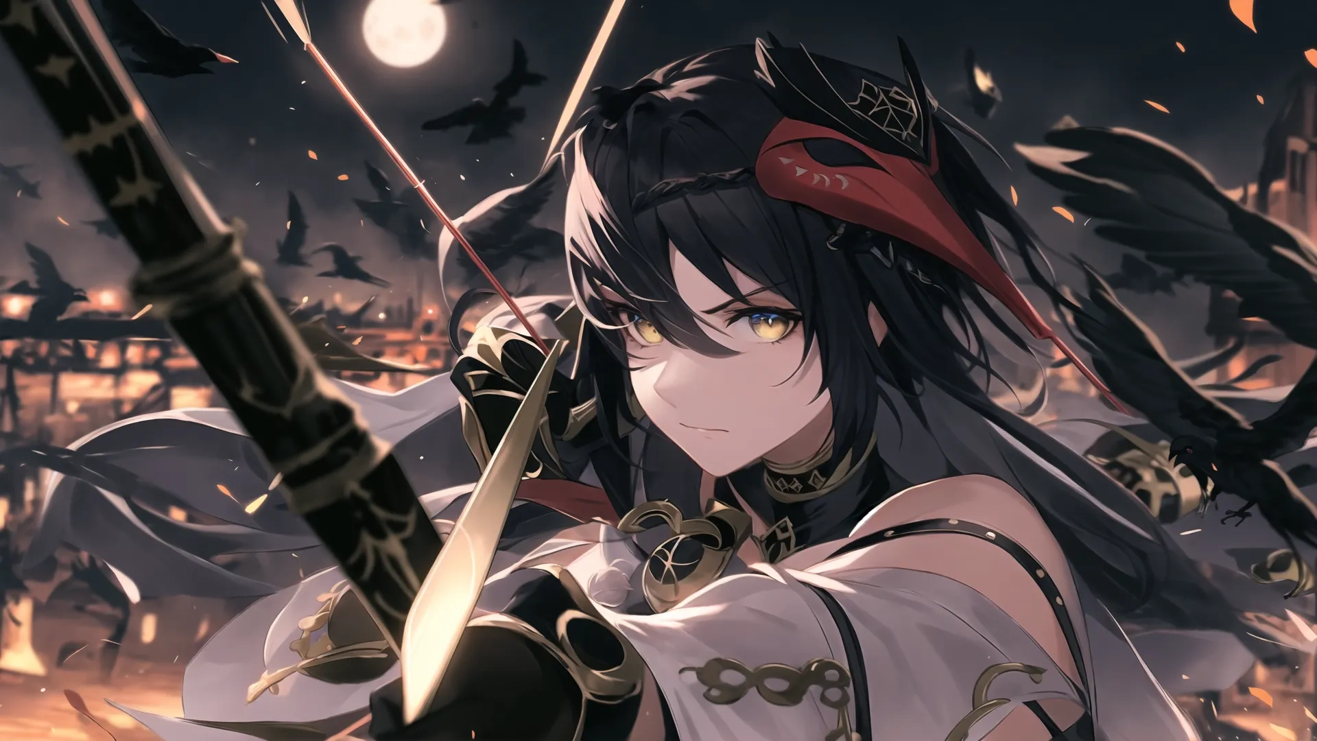 a woman standing in front of a bunch of bats with a sword at one side and her hand with the other, looking away in front
