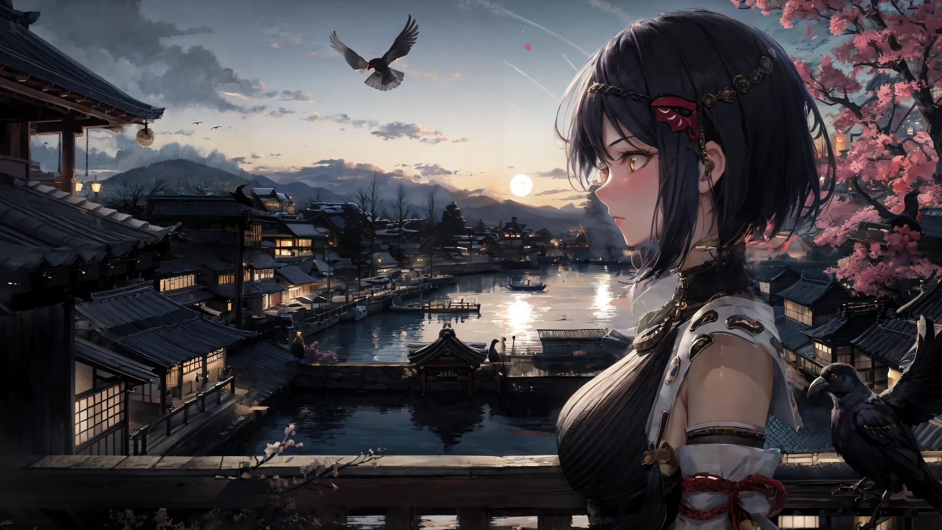 anime girl with short black hair and a bird in the air standing near a boat with blossoms and river in background at dusk scenery with birds flying above
