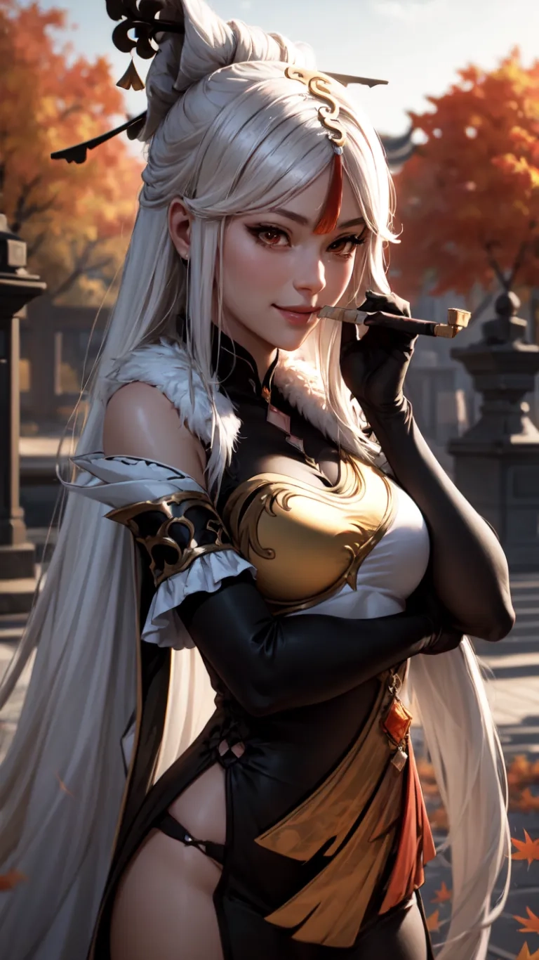 black and white female wearing armor and gloves holds cigarette while standing outside in the fall time outdoors setting by tree with yellow leaves behind her legs in the