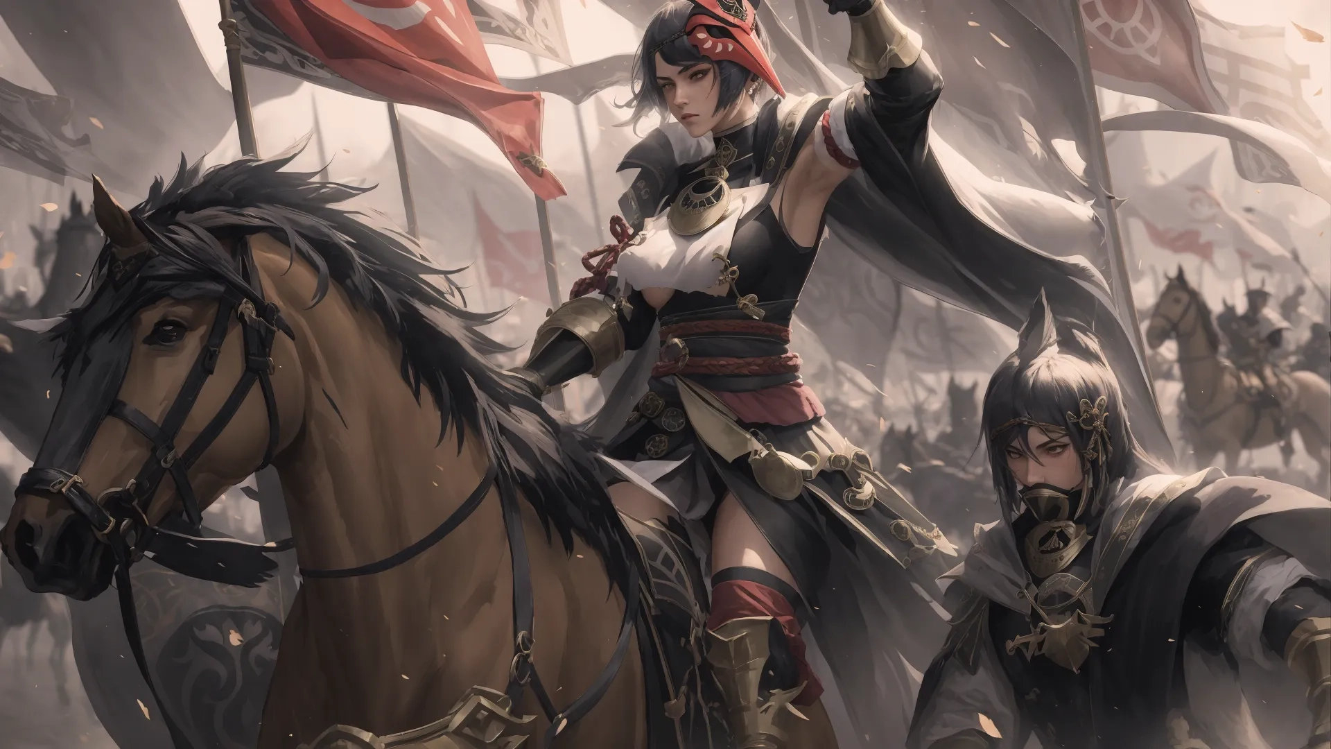 a group of people riding on the backs of brown horses below flags and banners as well as wearing helmets, a red feather and a sword