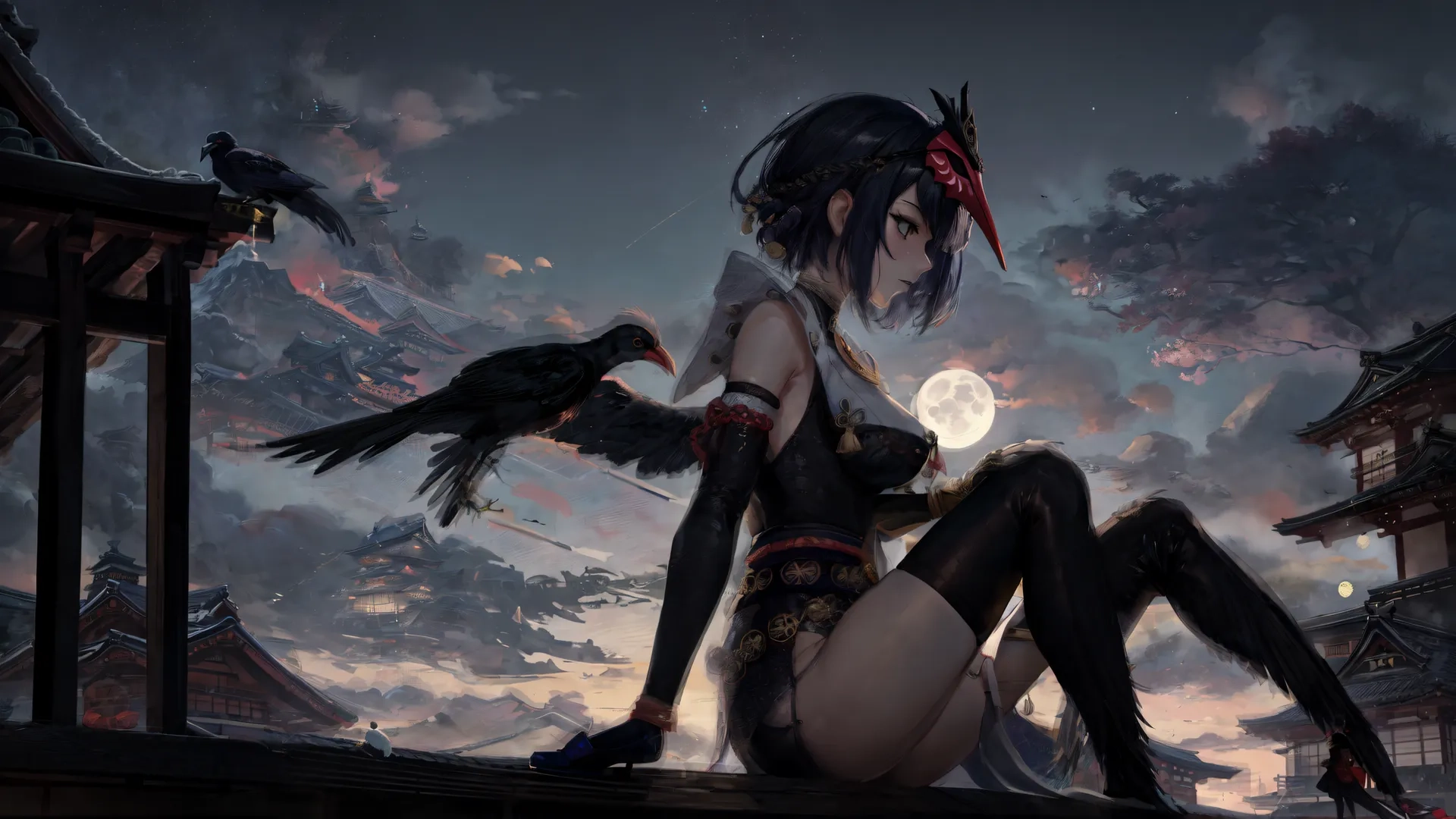 two very sexy women wearing gothic garbs sit on a platform with birds near them - one of them is holding a sword and the other