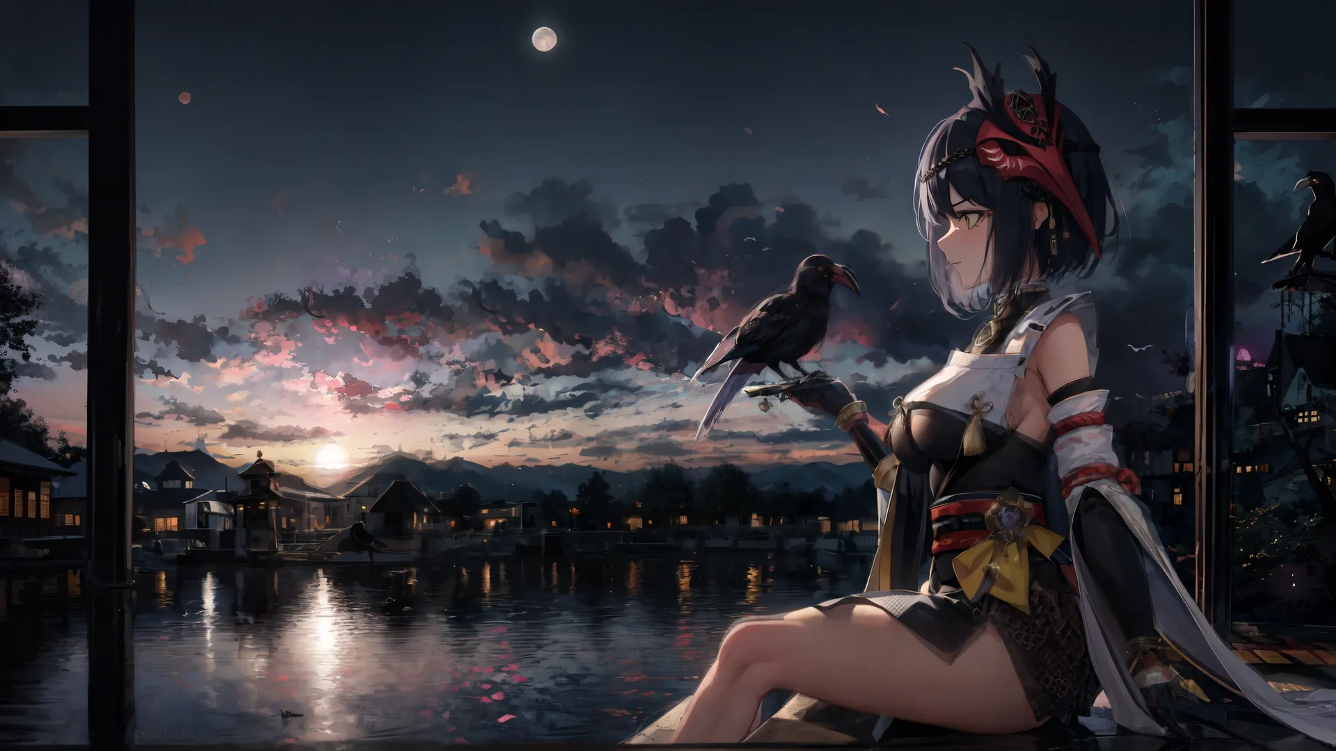 a woman sitting down holding a bird in front of her head at a window with sunset reflected in the water and the sky with a river in the background and town with full moon