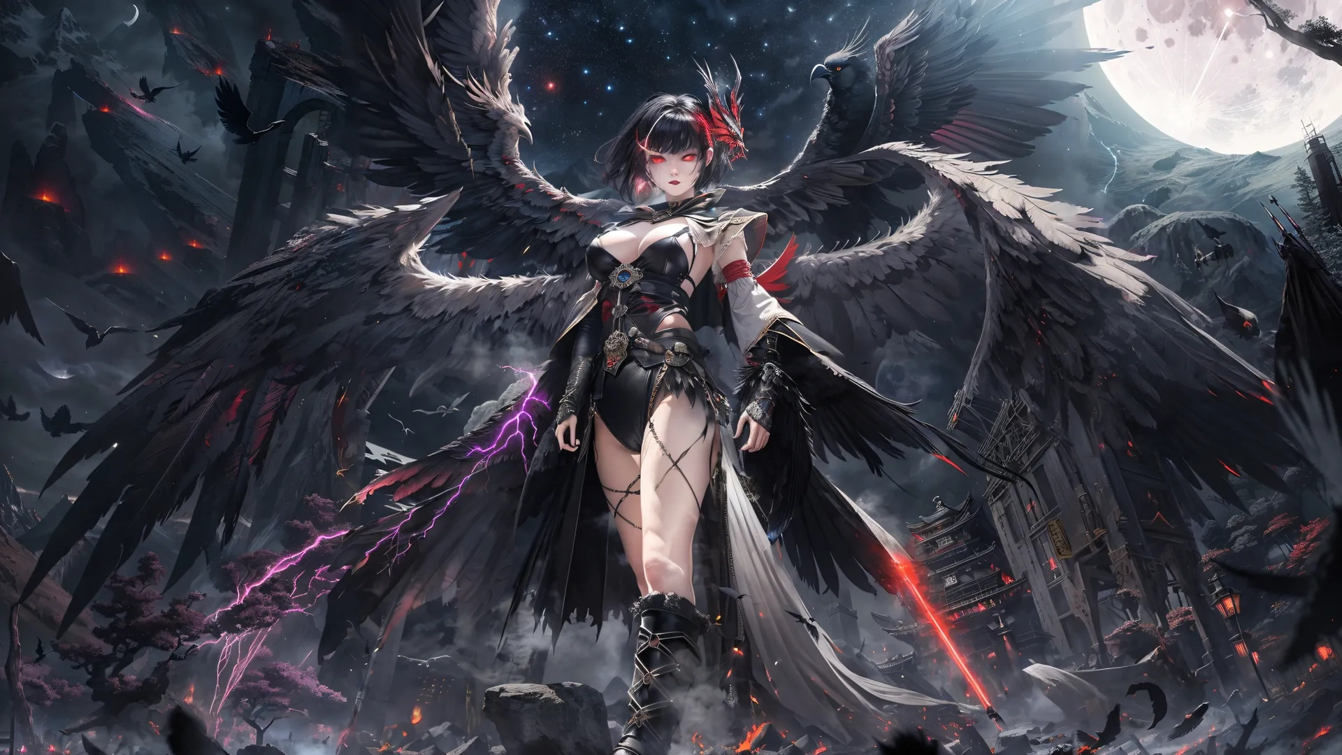 a woman is holding two wings and a dark colored demon in the background is the moon and it is overcasting her, with lights are all her
