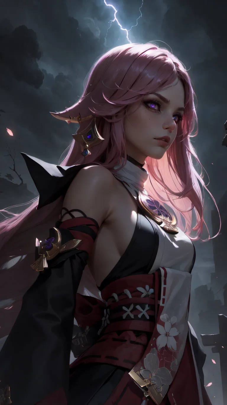 a anime girl in the middle of lightning holding a sword against her chest surrounded by dark, ominous clouds overhead with bats and birds flying around