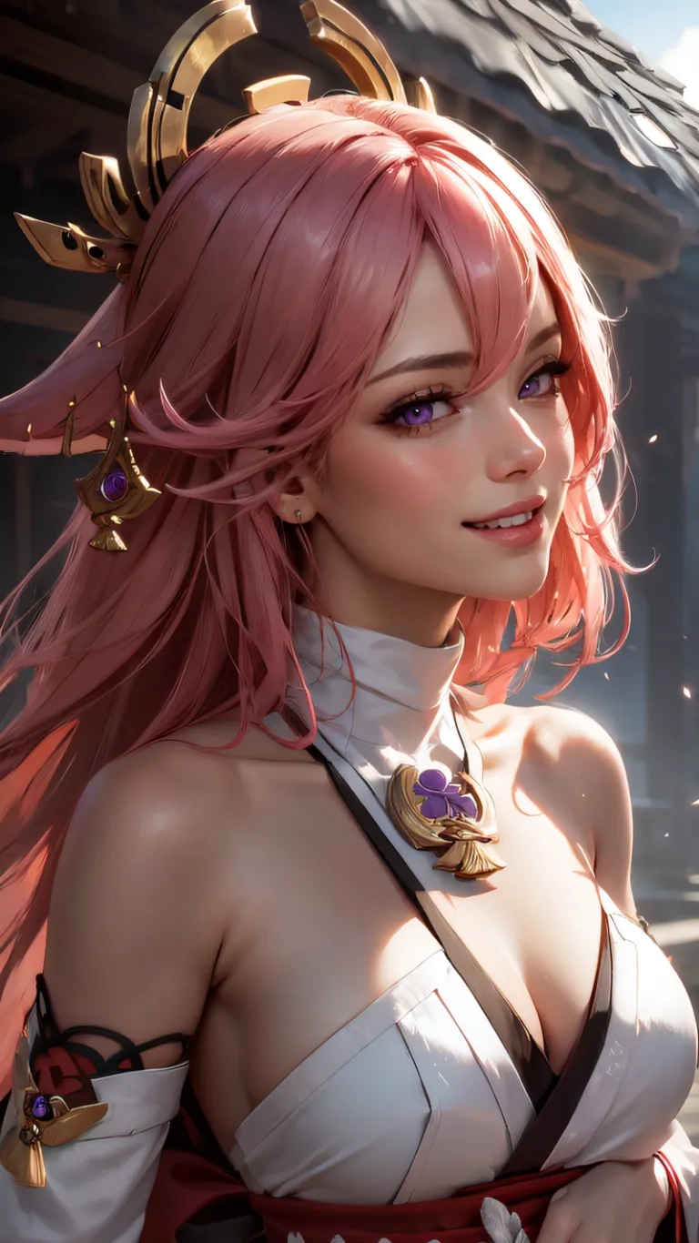 a woman dressed as an elf, with pink hair and jewelry on her head and shoulders is surrounded by buildings as if she will put onto someone else