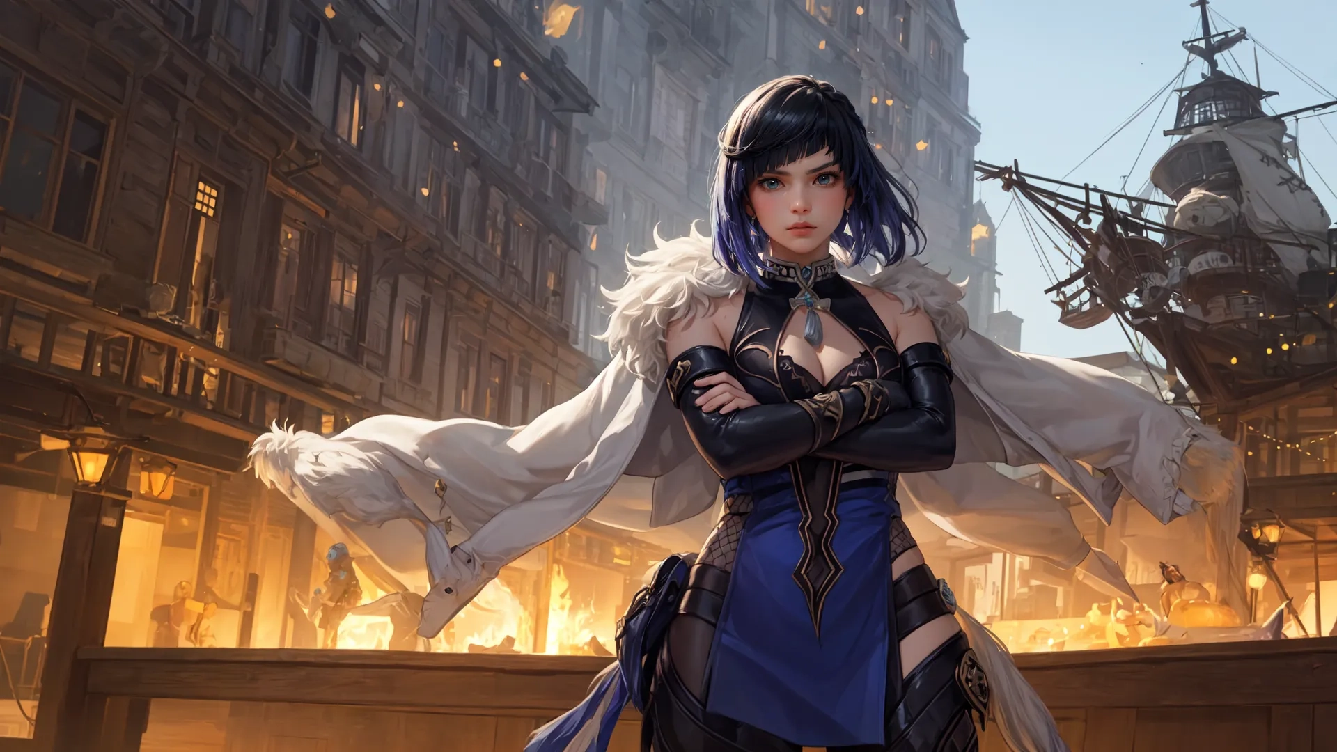 a woman in cyber armour facing the sun with other buildings in the background she's a very striking pose, while wearing dark gloves and the wind