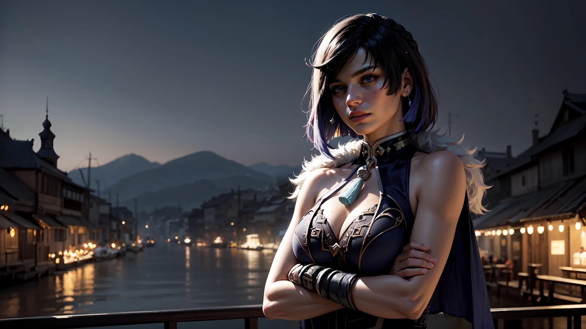 a woman is dressed in cosplay, an over - the - knee purple skirt with leather gloves and bracelets next to a lake