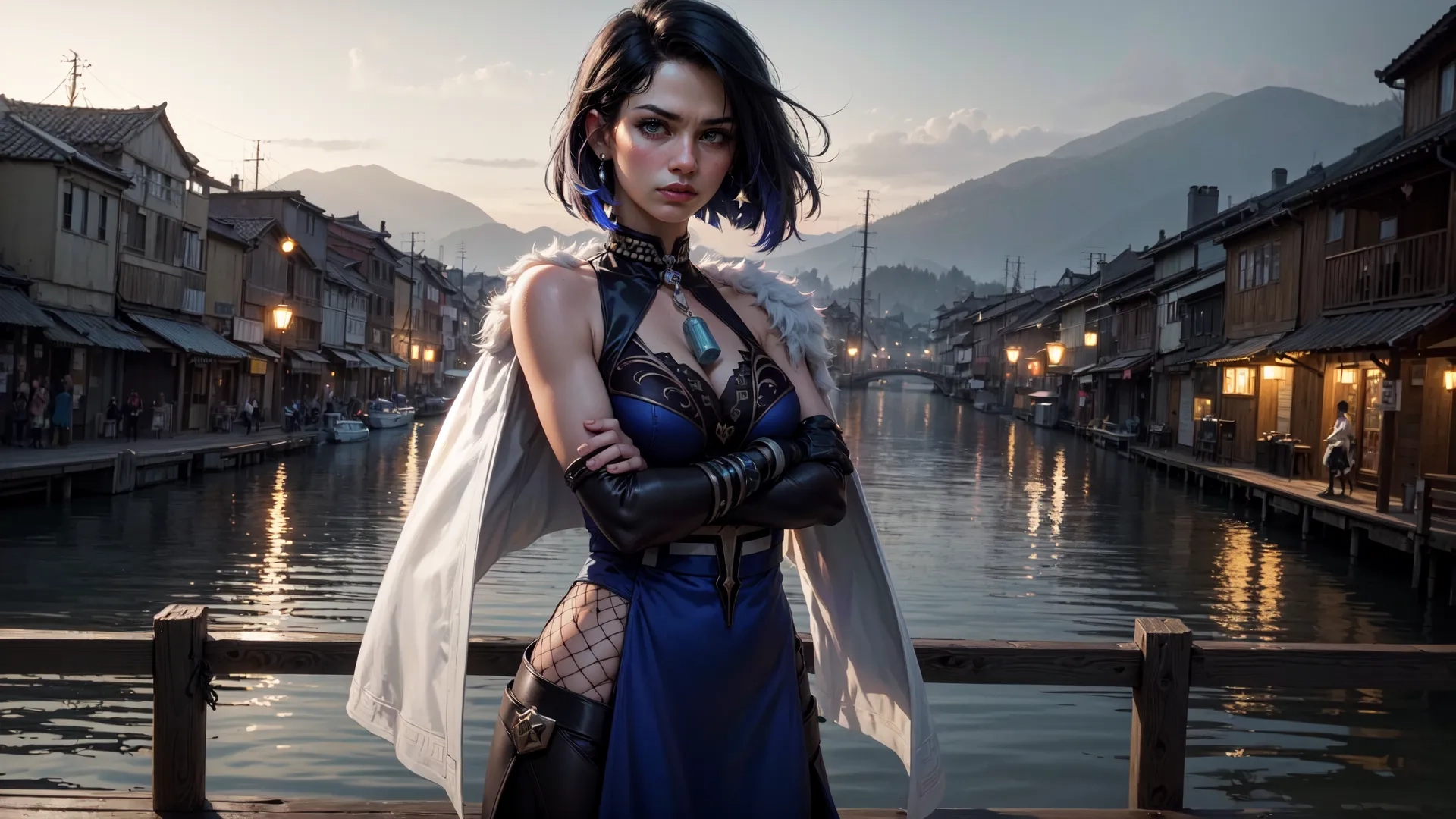 a woman is outside posing near the water wearing long gloves and armor with her arms folded on a dock at night in a town in china

