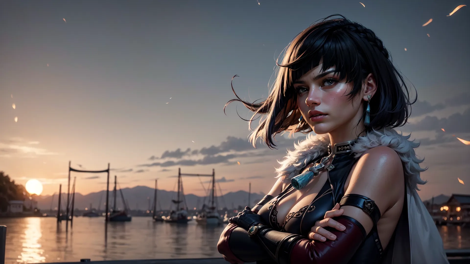 female character poses by a body of water at sunset, with hair flying out in wind and fire in the background, in a dark scene from action series of warcrafters
