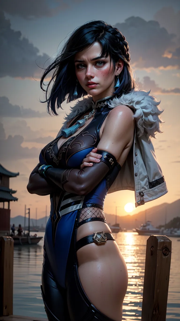 a woman in lingeree at sunset in cyber costume and gloves, posing for a photo while holding her hands up with one hand, leaning on a railing