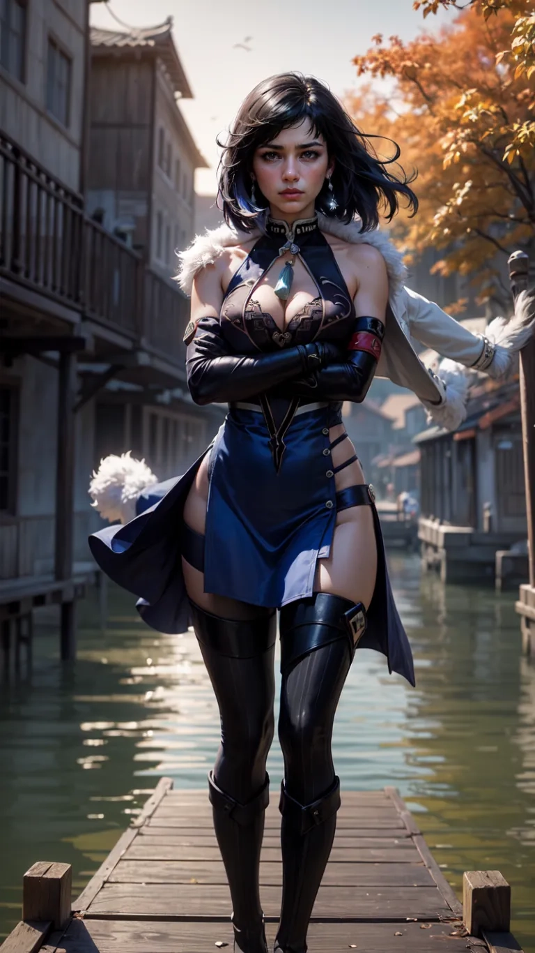 a woman dressed in costume posing near canal, buildings and leaves on trees, at the waterfront, next to canal lined with people and building structures,