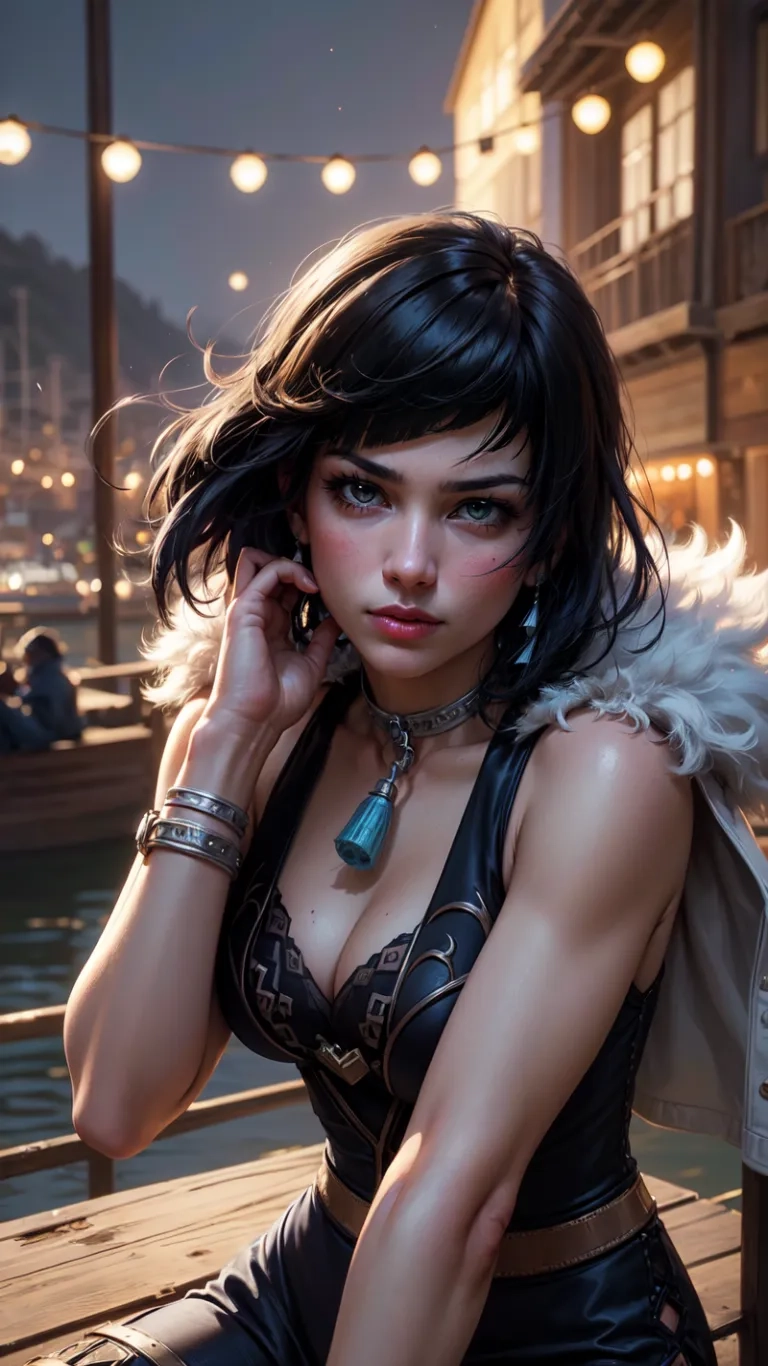 this is a picture of a young woman posing on a pier with a bag and handbag in her lap top looking at the camera while smoking