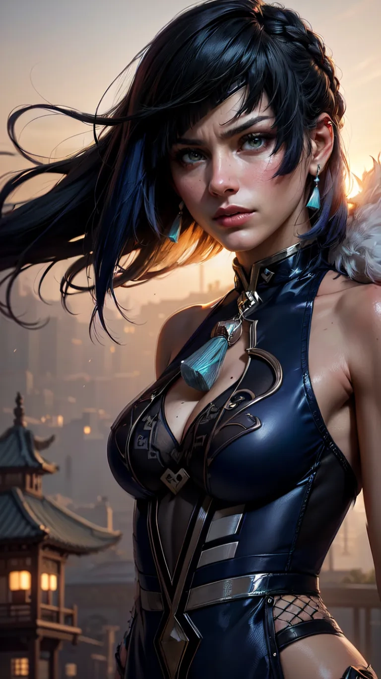 a woman in a leather outfit posing for a photo with an owl on her shoulder and a building behind her behind her, in a background of the sun set