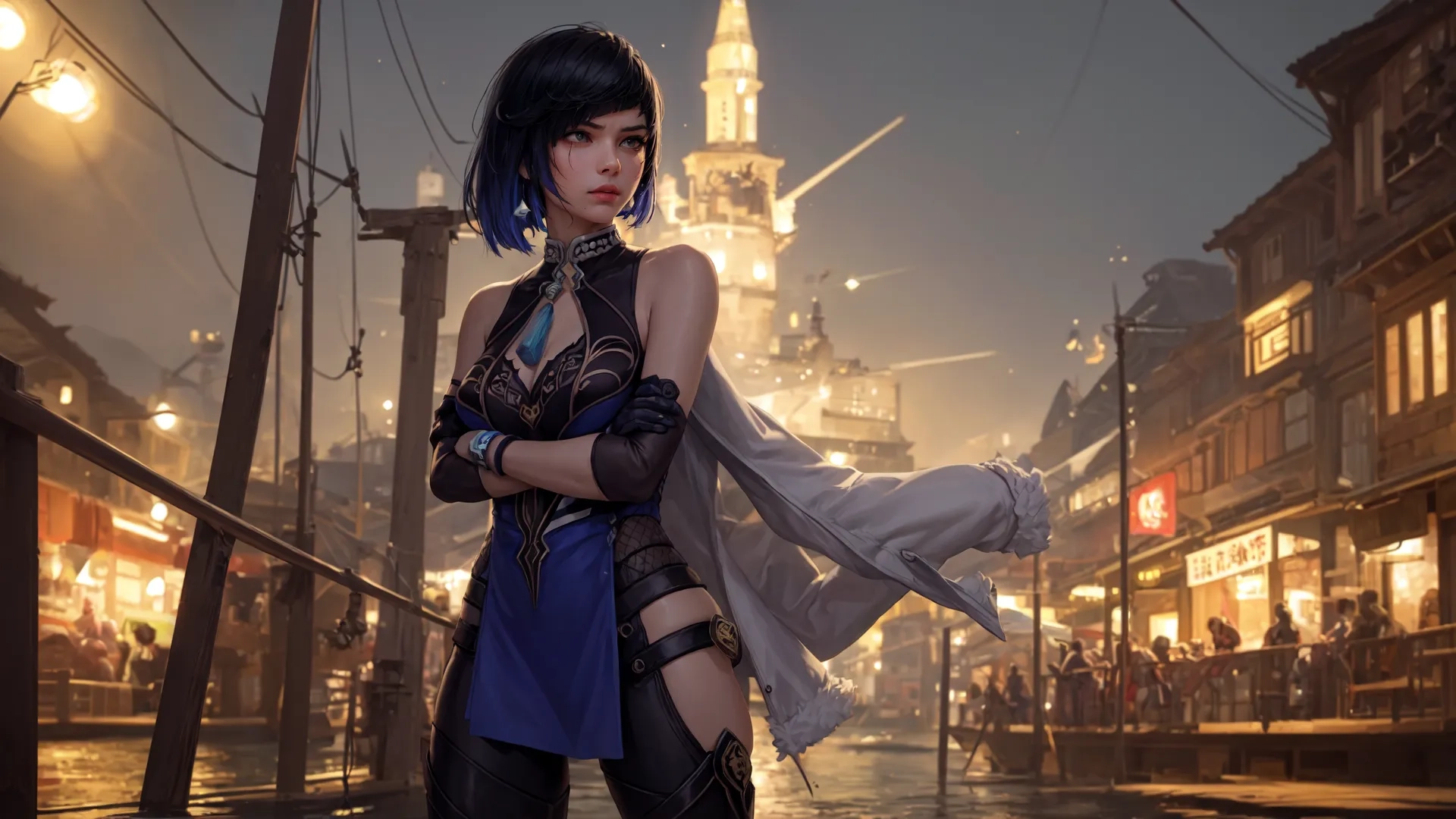 a woman standing on a walkway in the middle of town at night with an umbrella on her shoulders with a building behind her and city lights at night scene
