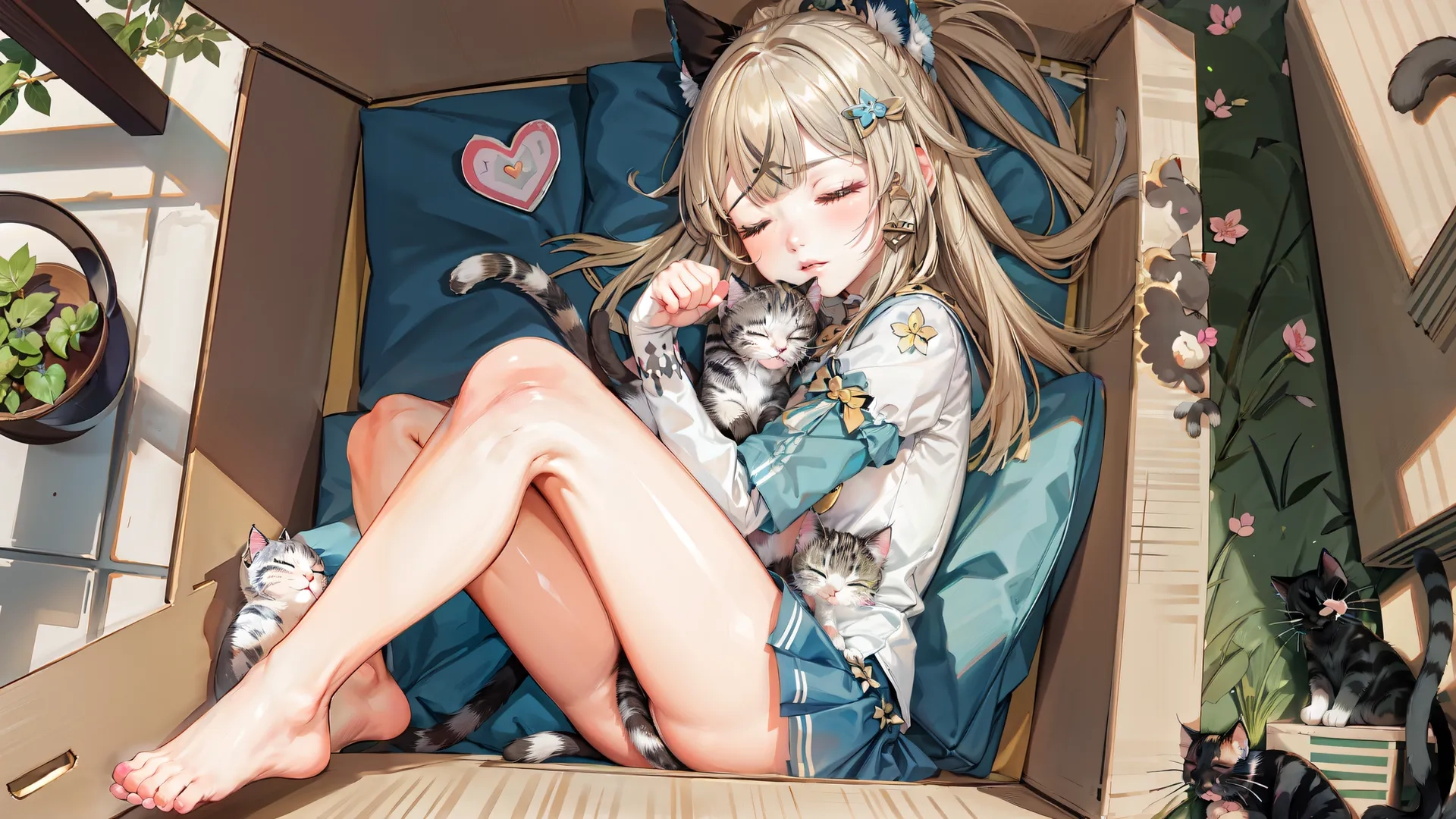 a woman is sitting outside among many cats, with the cat resting on her lap as the cat stands next to her in the back
