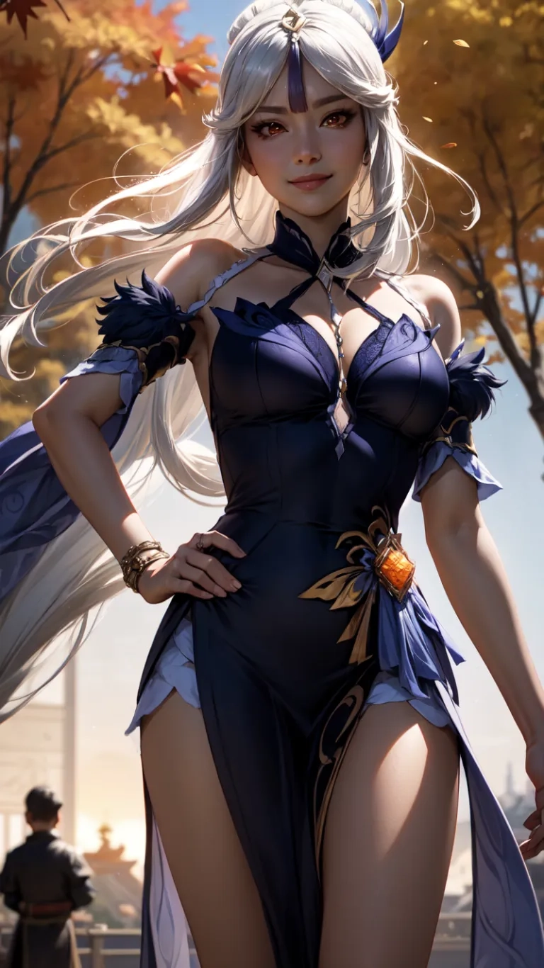 a lady with blond hair in an armor dress is posing outside near trees in the park and looks off to the side while a man in uniform talks