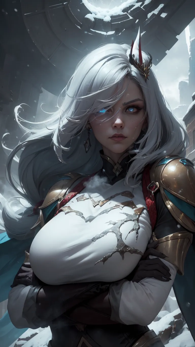 a beautiful young lady wearing fantasy armor, with white hair and eyes on her hands stands against a city wall, looking intently into the distance
