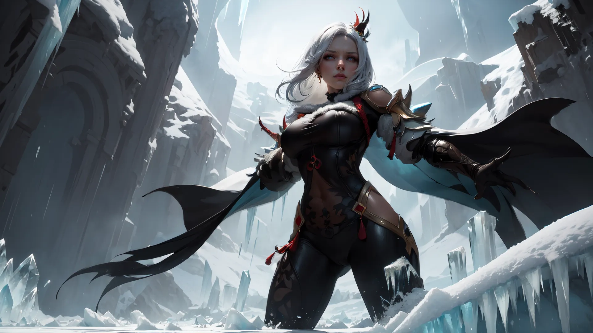 a digital picture of a girl in costume with capes, on an icy mountain slope behind a waterfall and ice caverns in a dark snow filled cave