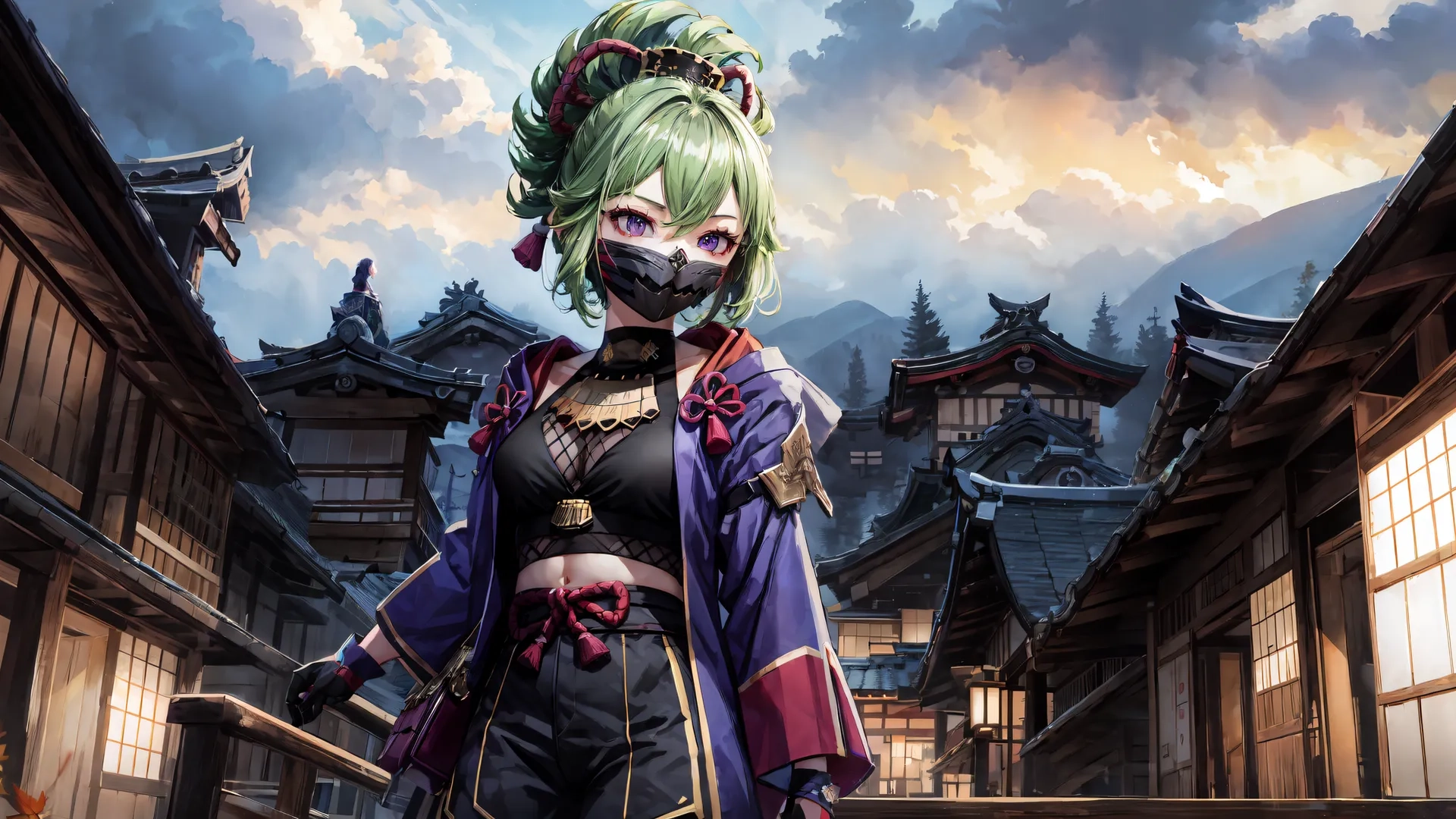 a colorful anime character looking like he is in a japanese city alley with traditional wooden houses beyond the buildings and blue sky behind her in front of the sun clouds