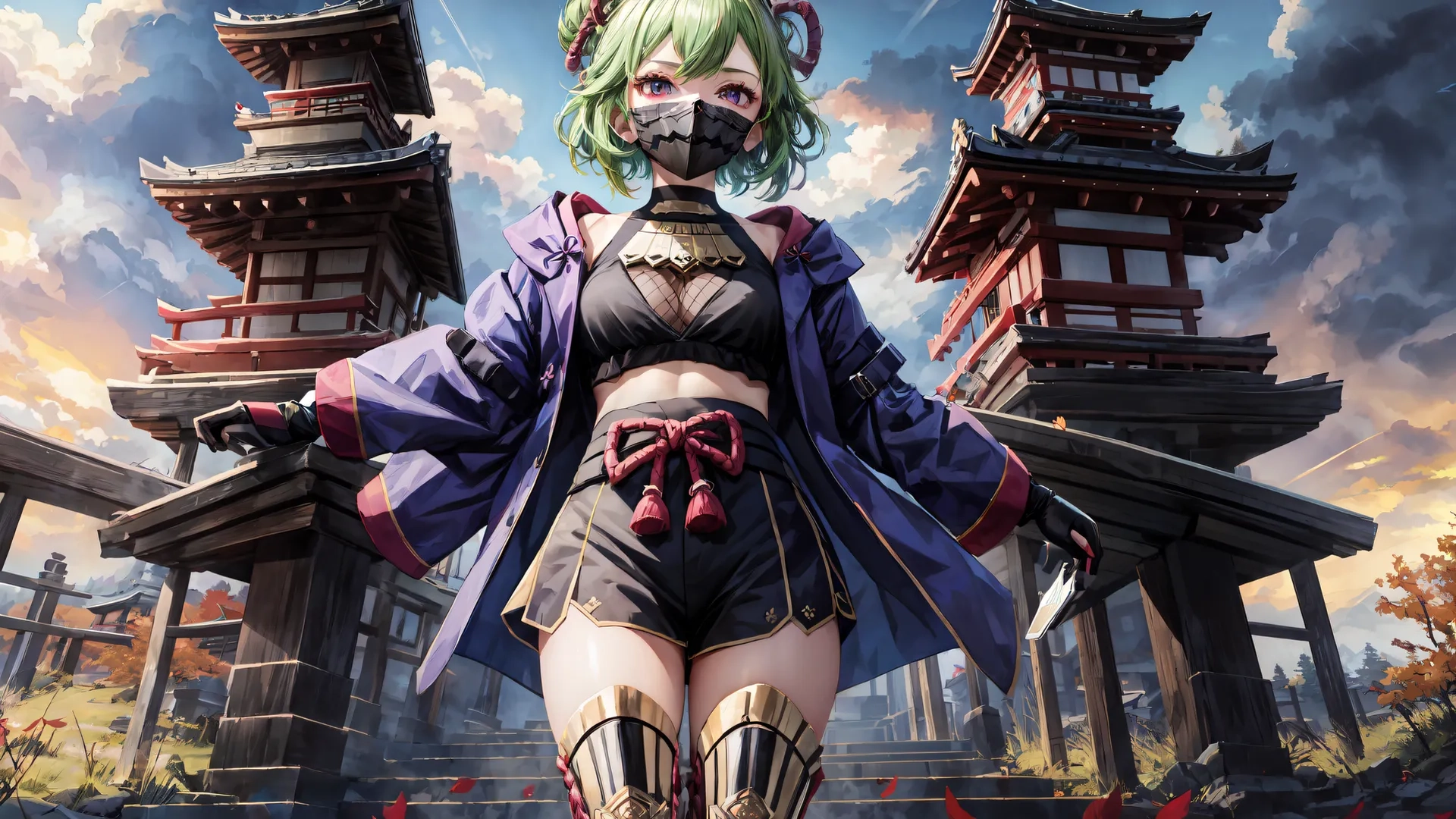 a woman in armor and clothing standing on the side of an arch near some pagodas at sunset, holding her hands open with her out