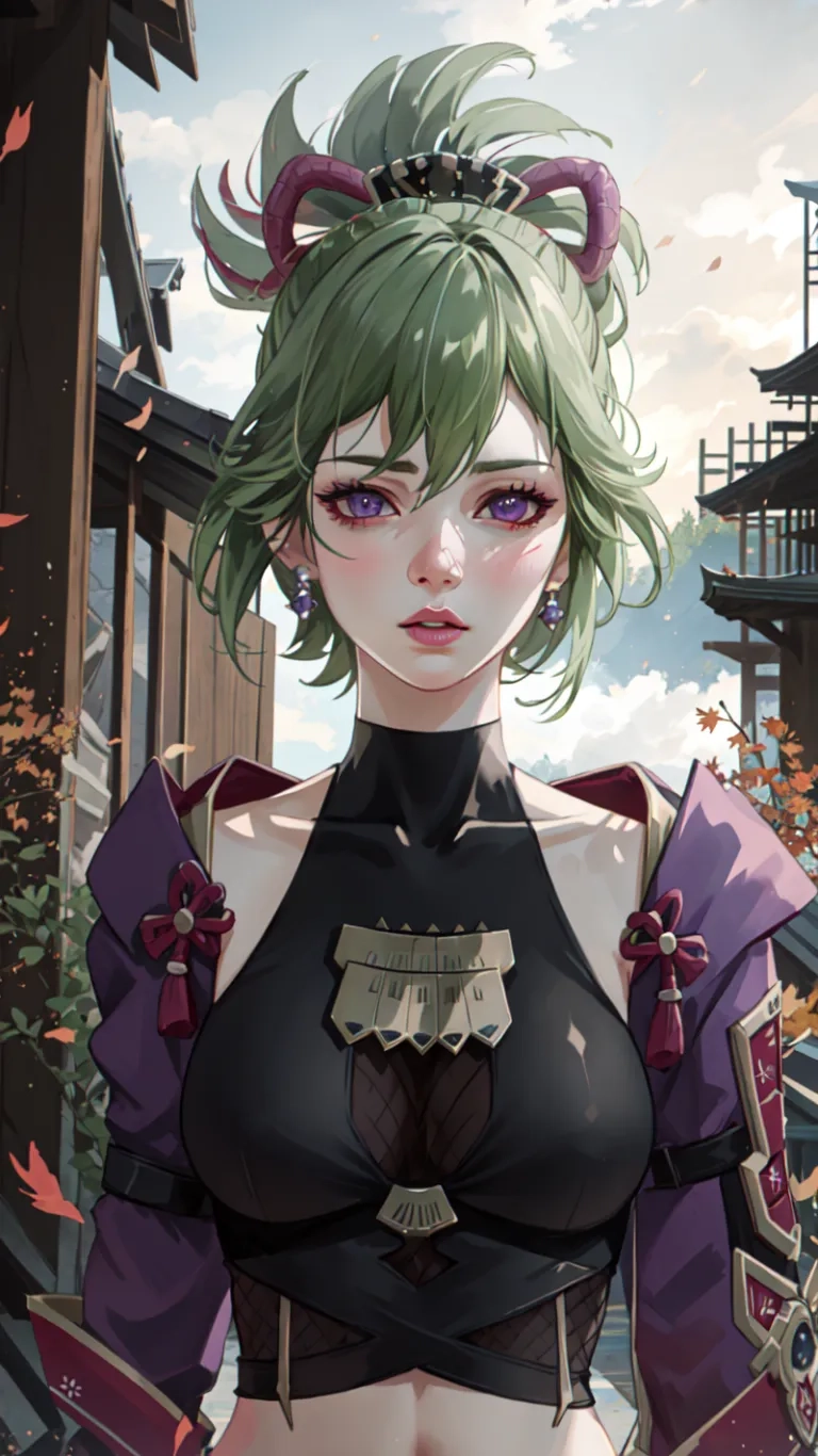 an anime anime character wearing glasses has green hair and purple makeup with the word to a town behind her back that says he never lost in
