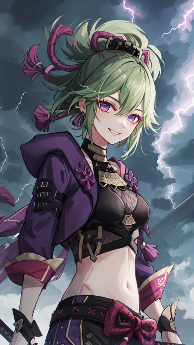 a close up of a person with a sword in hand by lightning going through the air behind them in this picture with lots of hair